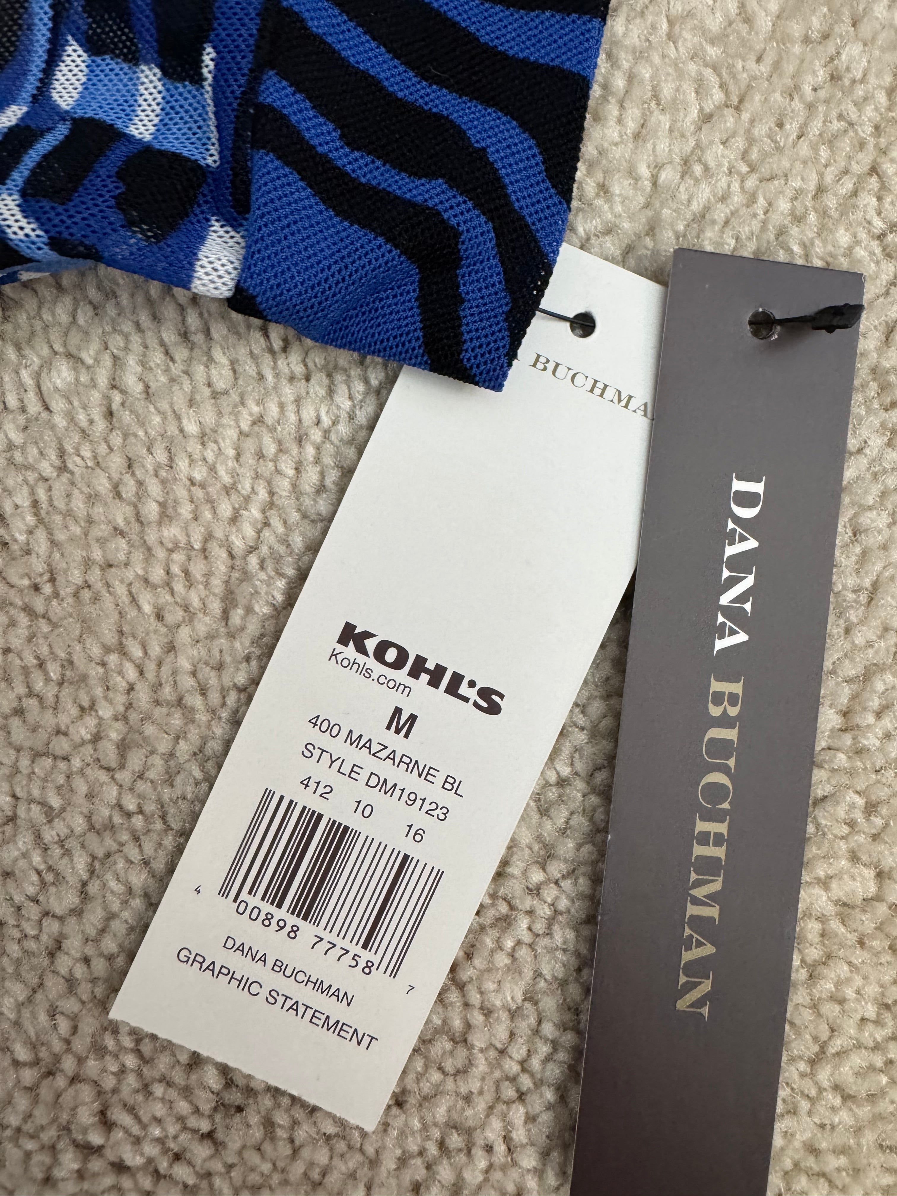 Dana Buchman Womens M Blue Black Graphic Statement Top Tie Waist NWT