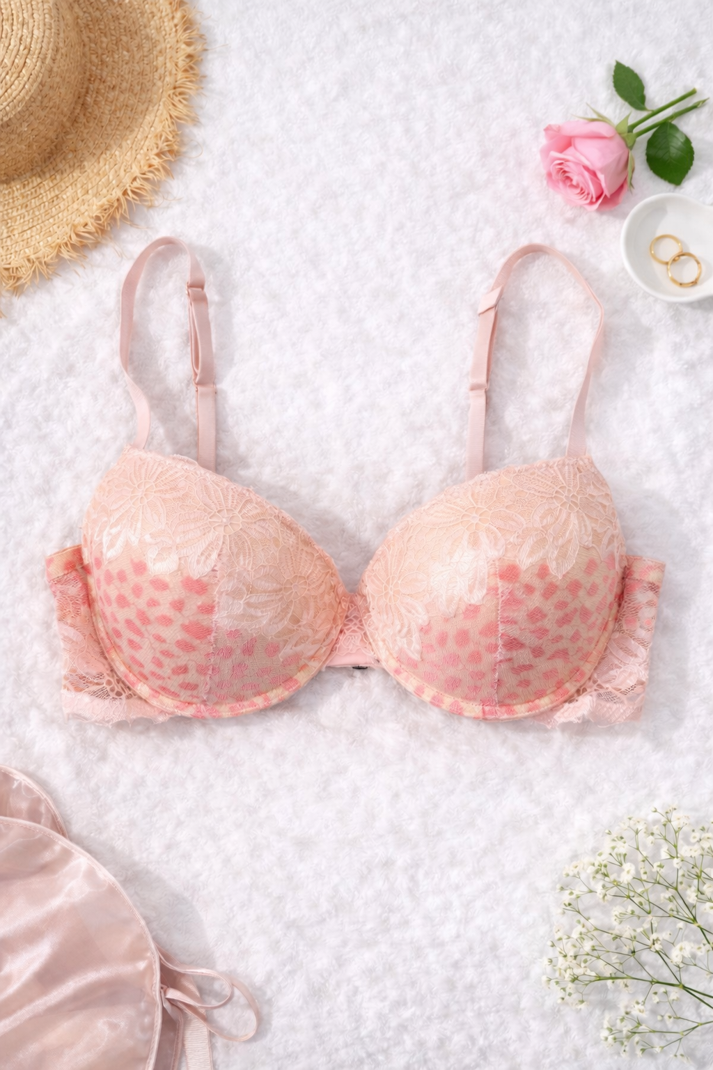 René Rofé 34C Push Up Bra Pink Lace Underwire Padded Floral Lingerie NWT