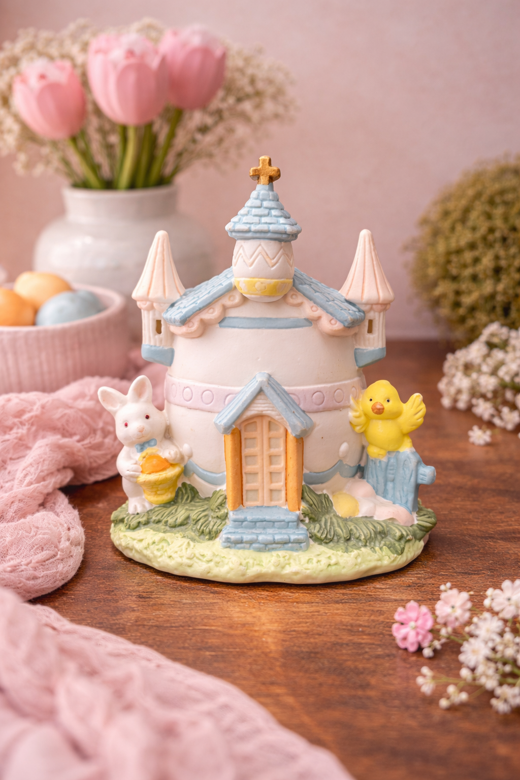 Vintage Easter Bunny Chick Egg House Tealight Holder Spring Cottage Decor