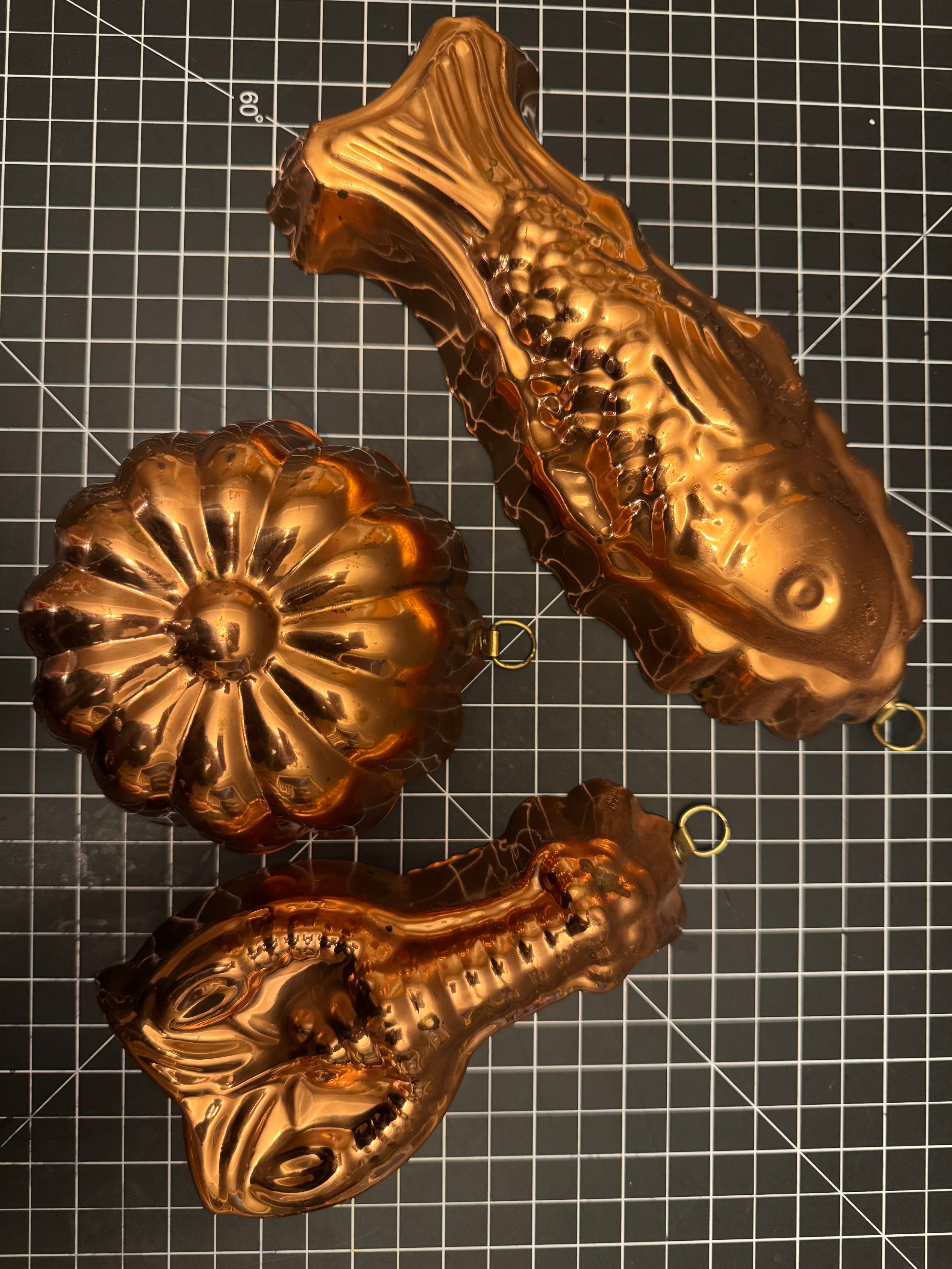 Vintage Copper Molds Tagus Portugal Fish Shell Kitchen Wall Decor Farmhouse Set