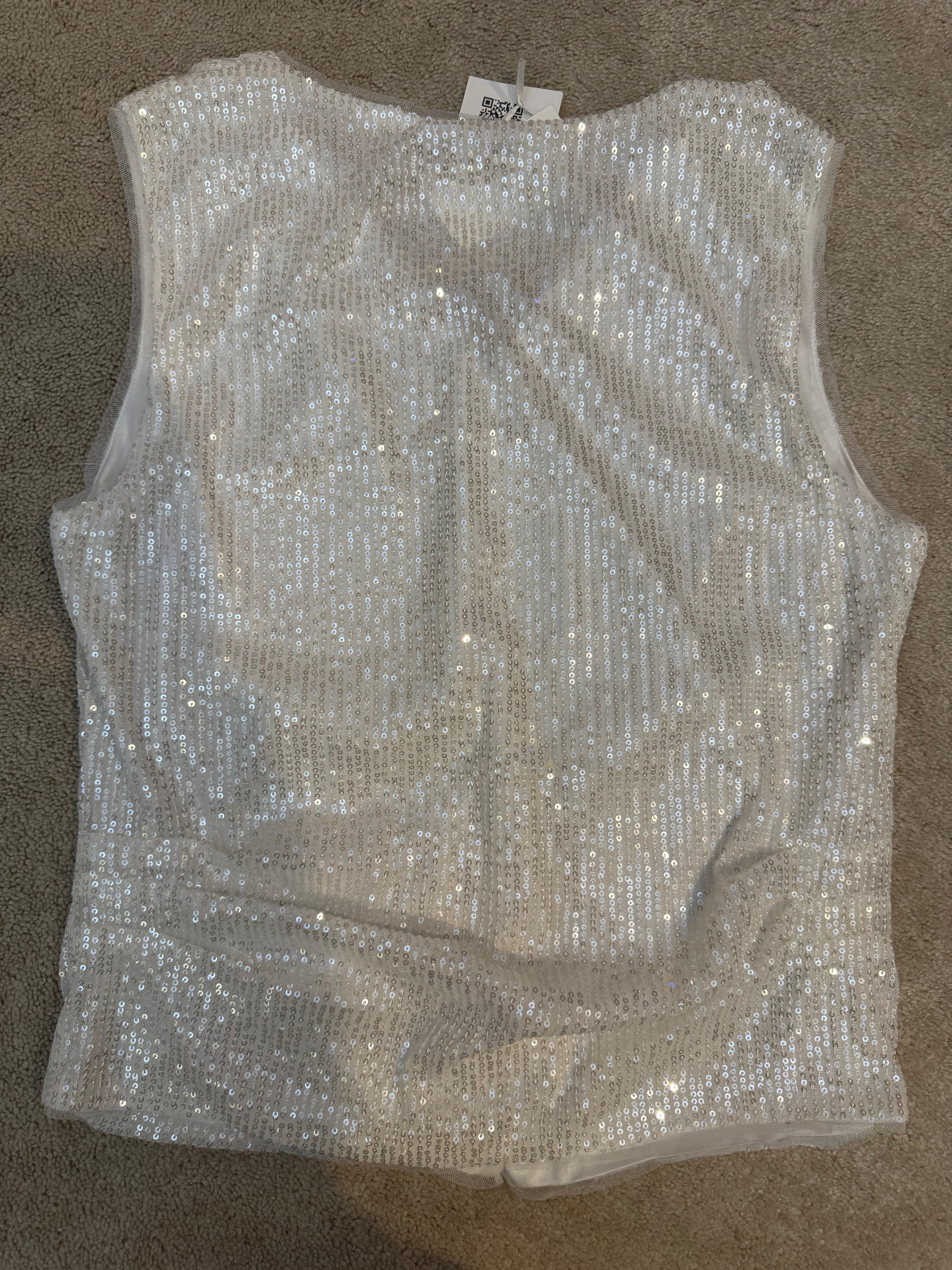 Grace Karin XL White Sequin V Neck Blouse Party Top NWT