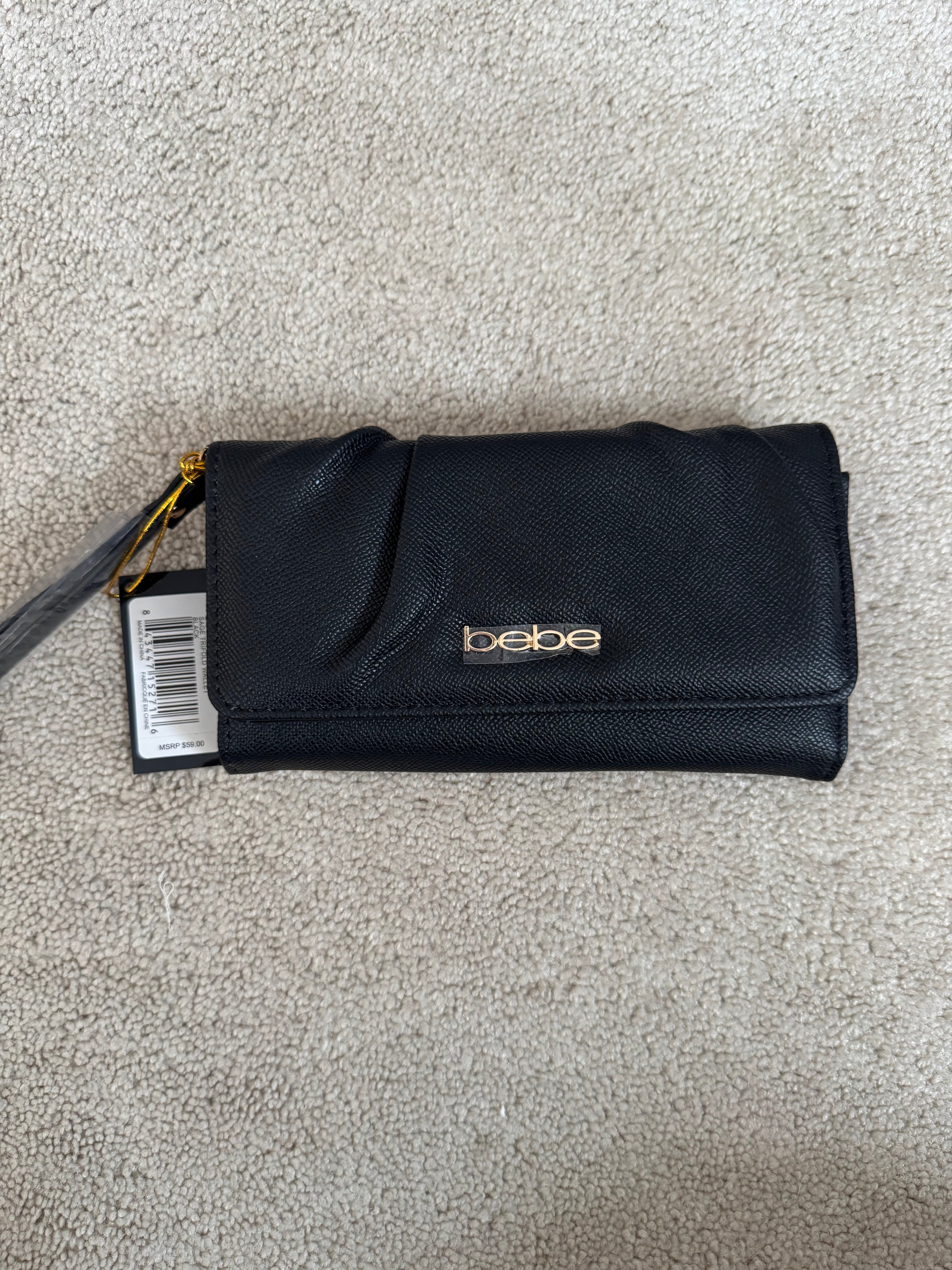 Bebe Black Foldover Wallet Clutch Gold Logo NWT $59 Retail