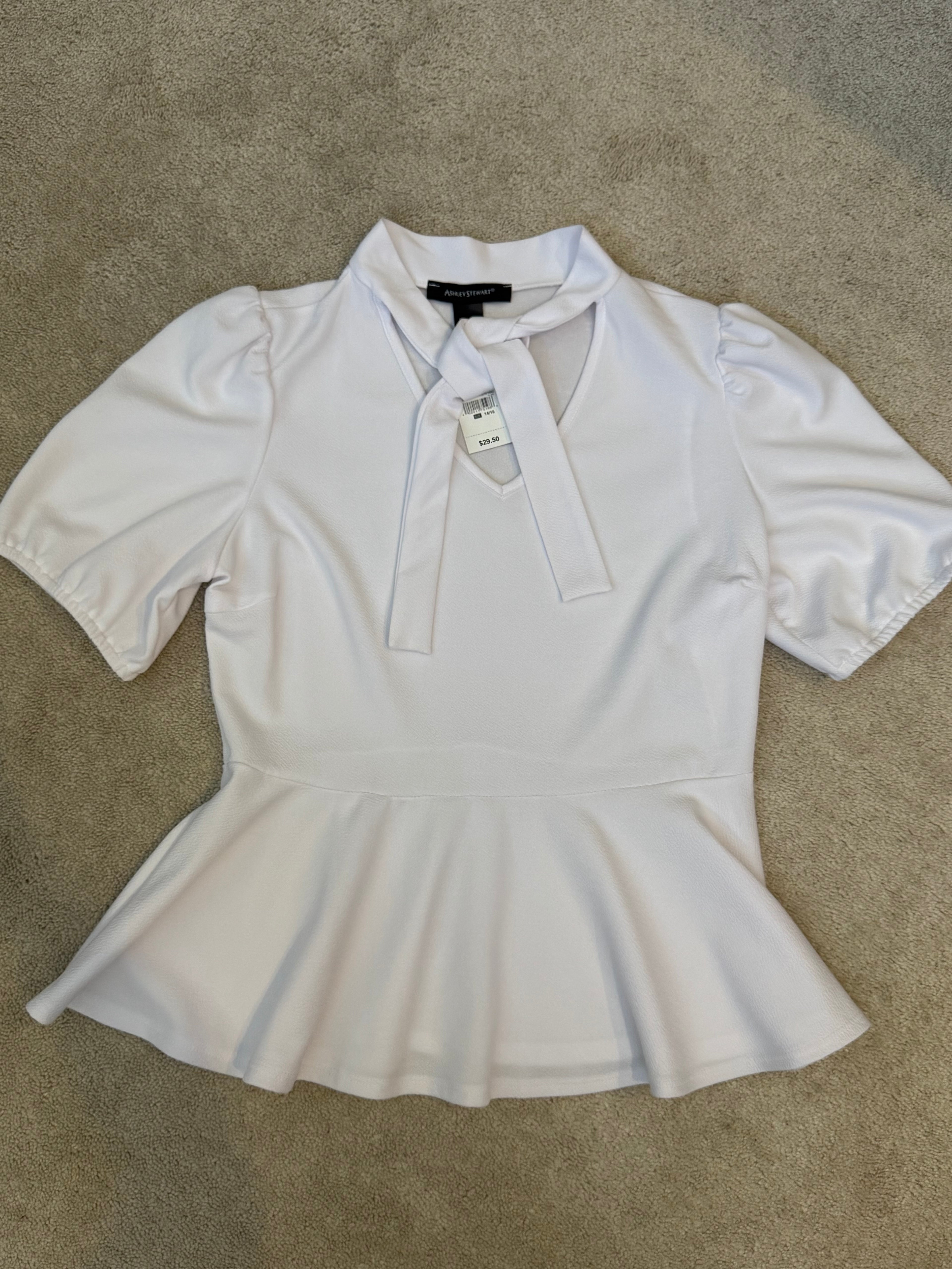 Ashley Stewart White Peplum Blouse Tie Neck Puff Sleeve 14/16 NWT