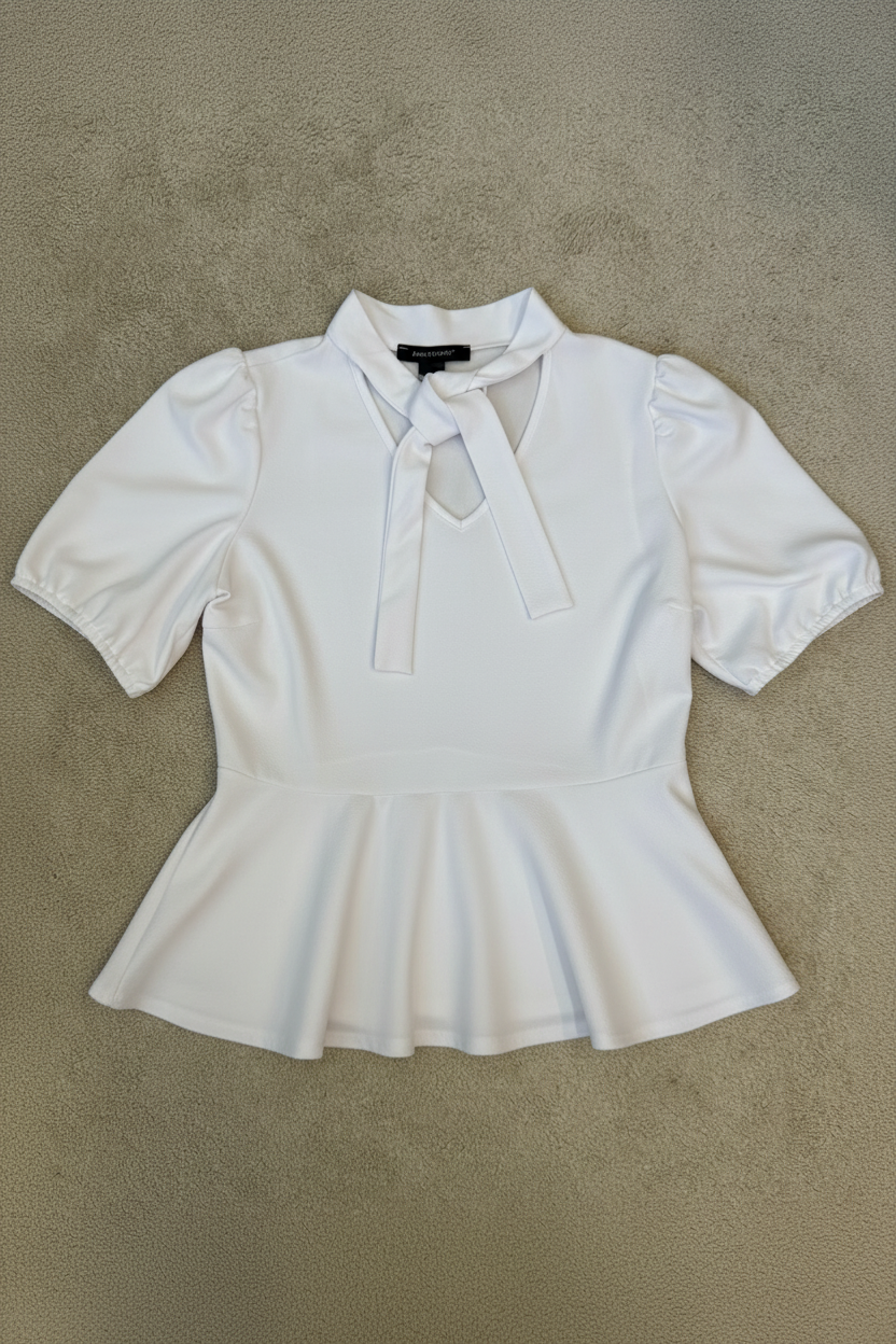 Ashley Stewart White Peplum Blouse Tie Neck Puff Sleeve 14/16 NWT
