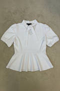 Ashley Stewart White Peplum Blouse Tie Neck Puff Sleeve 14/16 NWT