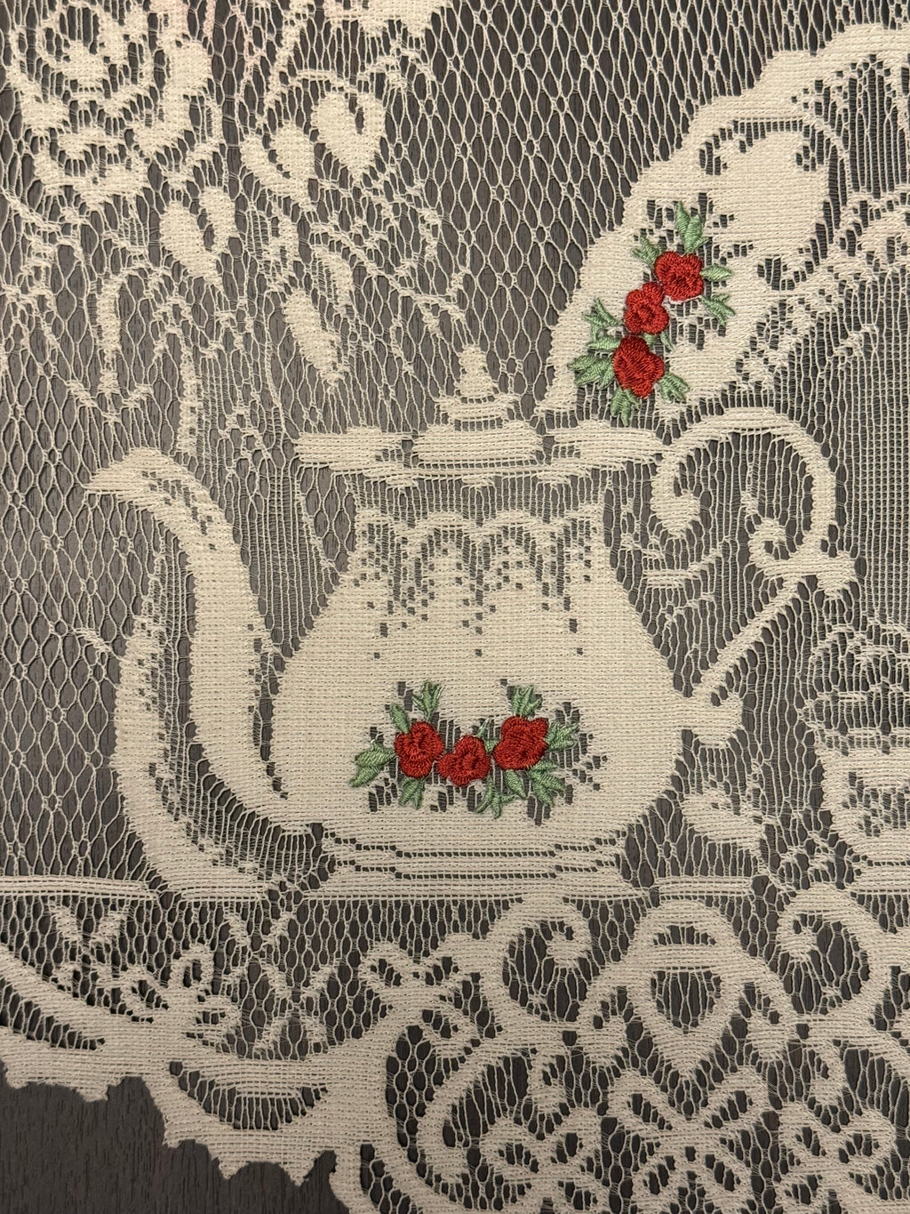 Vintage Lace Wall Hanging Curtain Panel Teapot Tea Cups Floral Cottagecore Kitchen Decor
