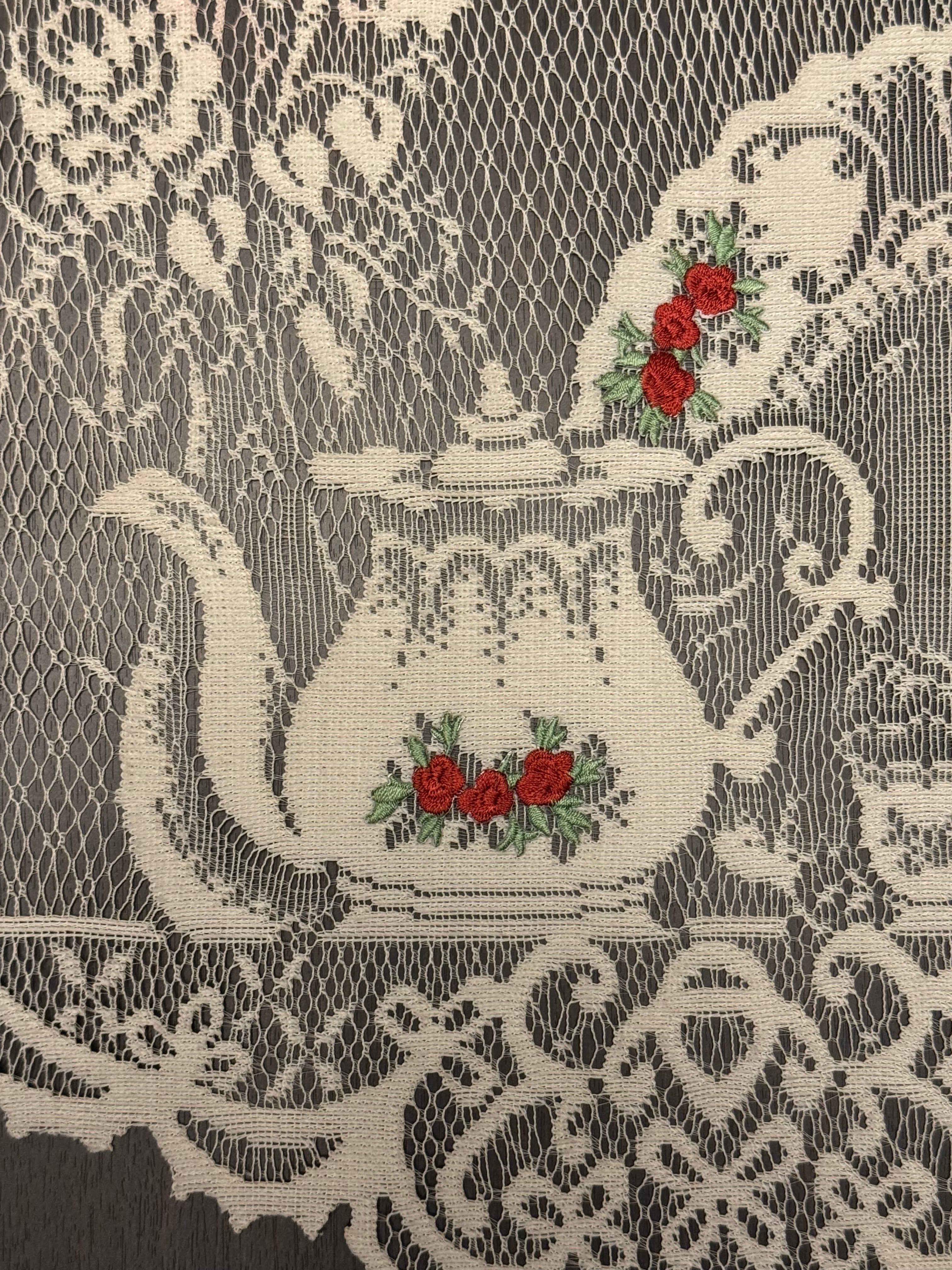 Vintage Lace Wall Hanging Curtain Panel Teapot Tea Cups Floral Cottagecore Kitchen Decor
