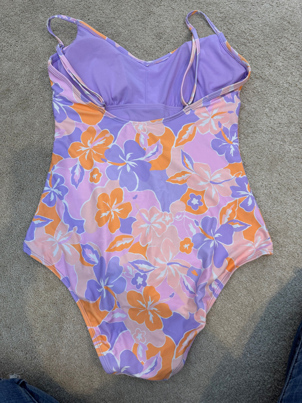 Ninety-Nine L/G One Piece Swimsuit Purple Orange Floral Ruched Front Adjustable Straps