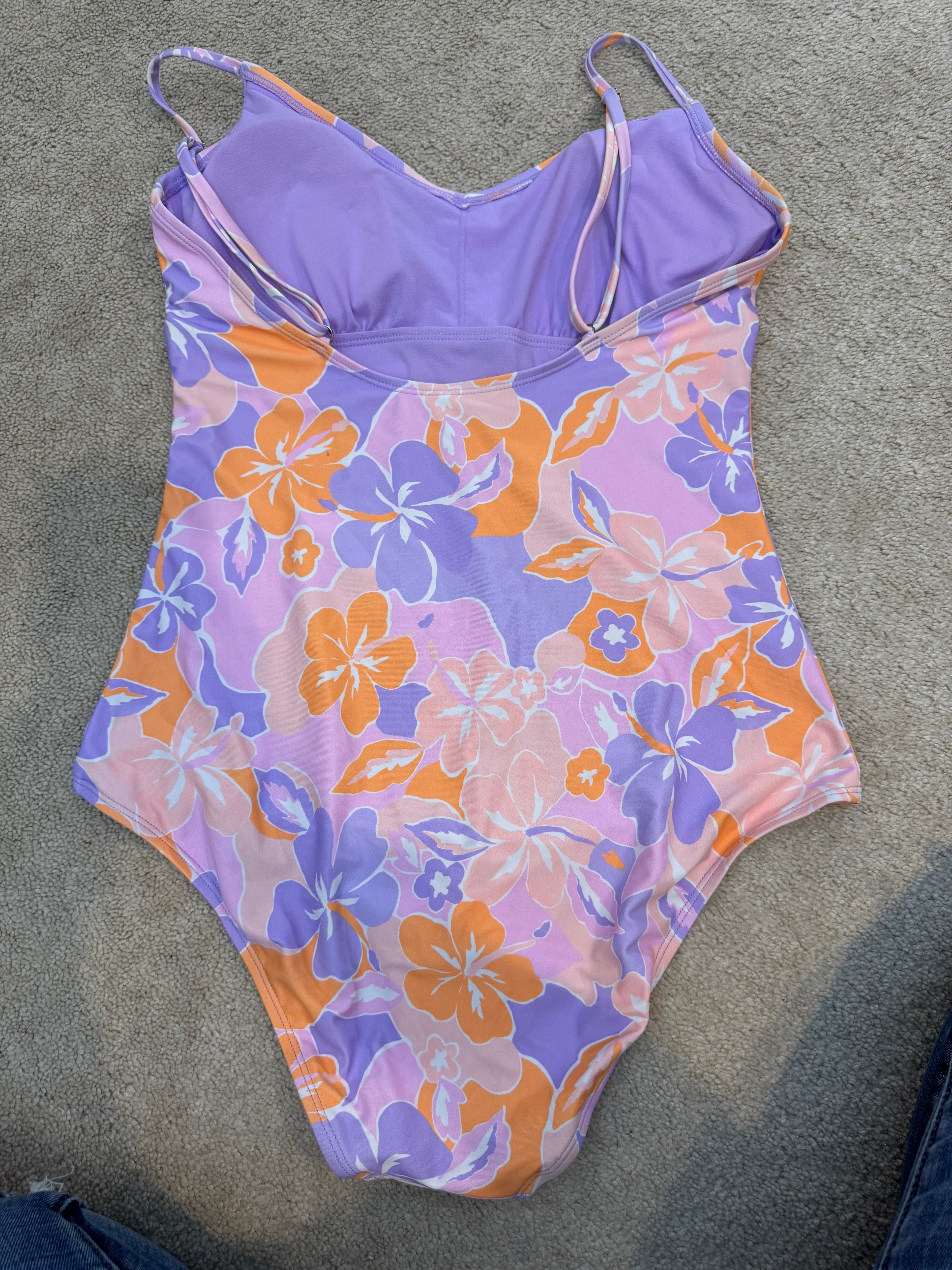 Ninety-Nine L/G One Piece Swimsuit Purple Orange Floral Ruched Front Adjustable Straps