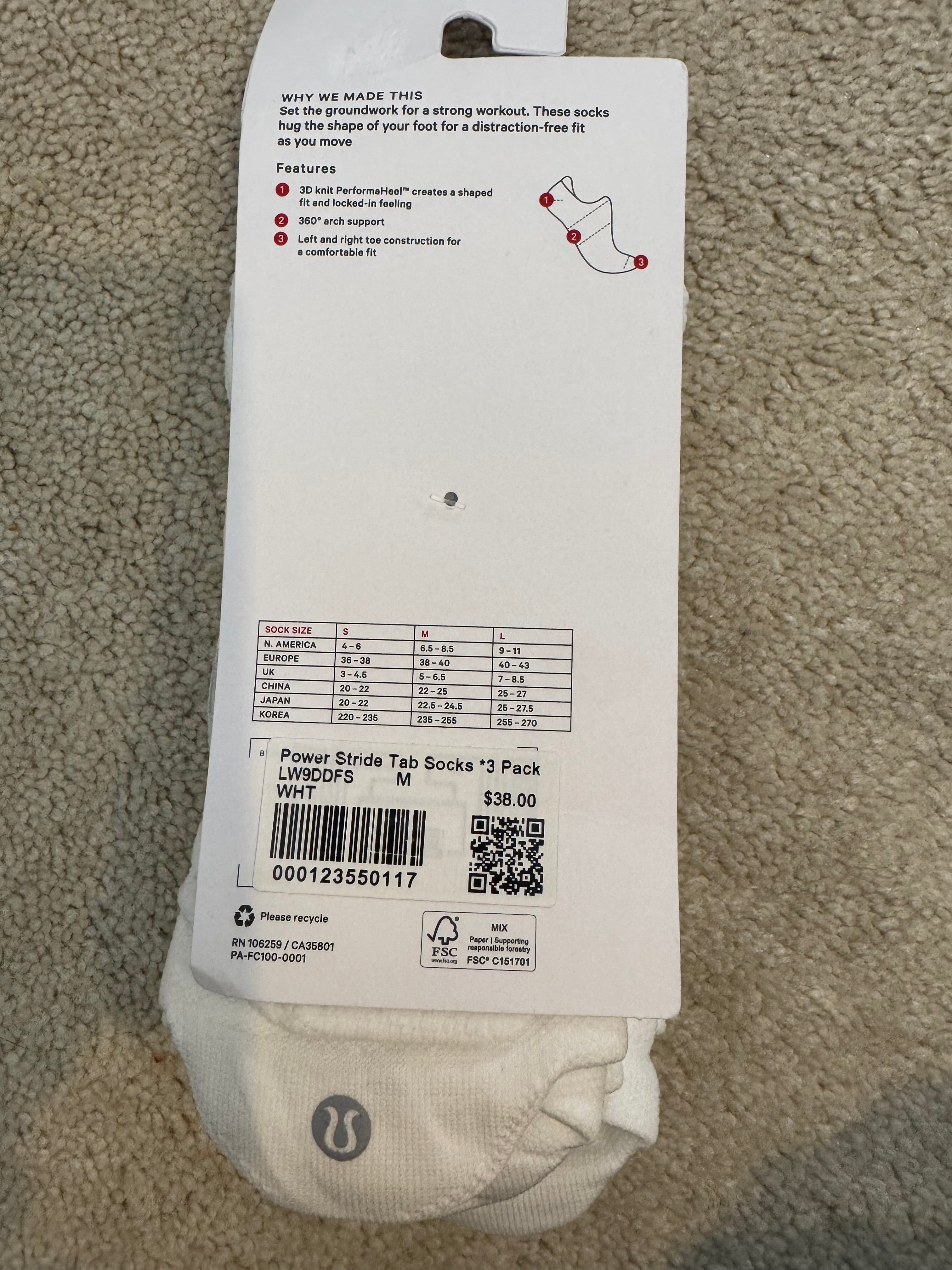 Lululemon Power Stride Training Tab Socks 3PK M White NWT