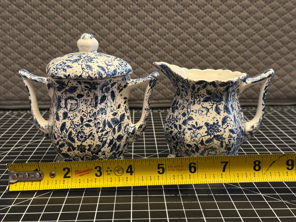 Blue White Floral Creamer Sugar Bowl Set Vintage Style Ceramic Tea Set