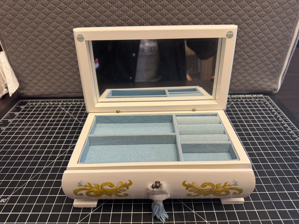 Vintage Style Jewelry Box w Mirror Drawer Cameo Lid Blue Velvet Storage