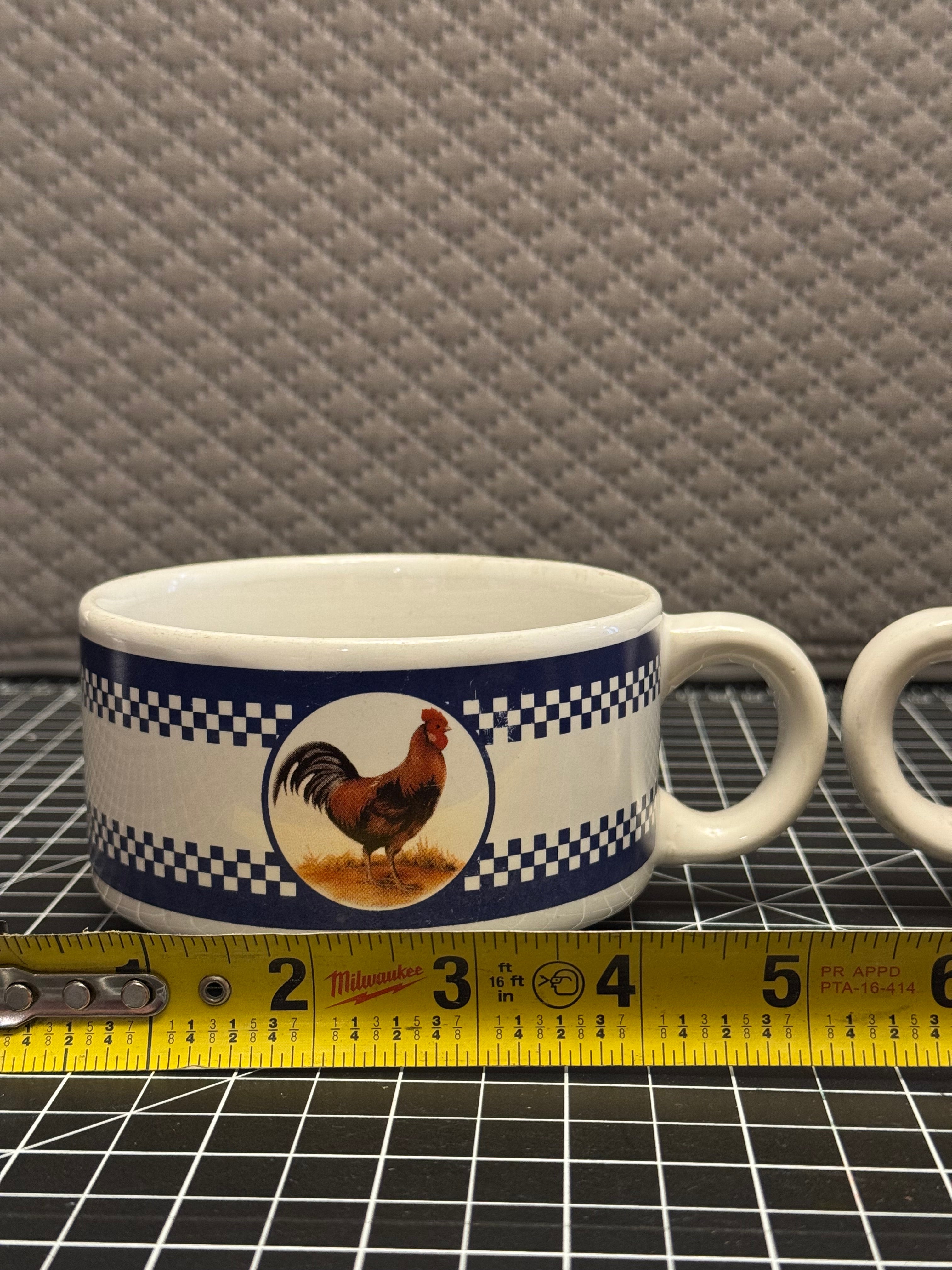 Set of 2 Houston Harvest Rooster Soup Bowls Mugs Blue Check Farmhouse Country