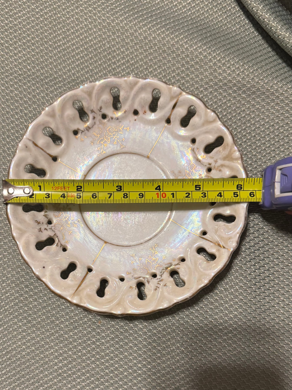 Antique Reticulated Porcelain Lusterware Saucer Gold Floral Pierced Rim
