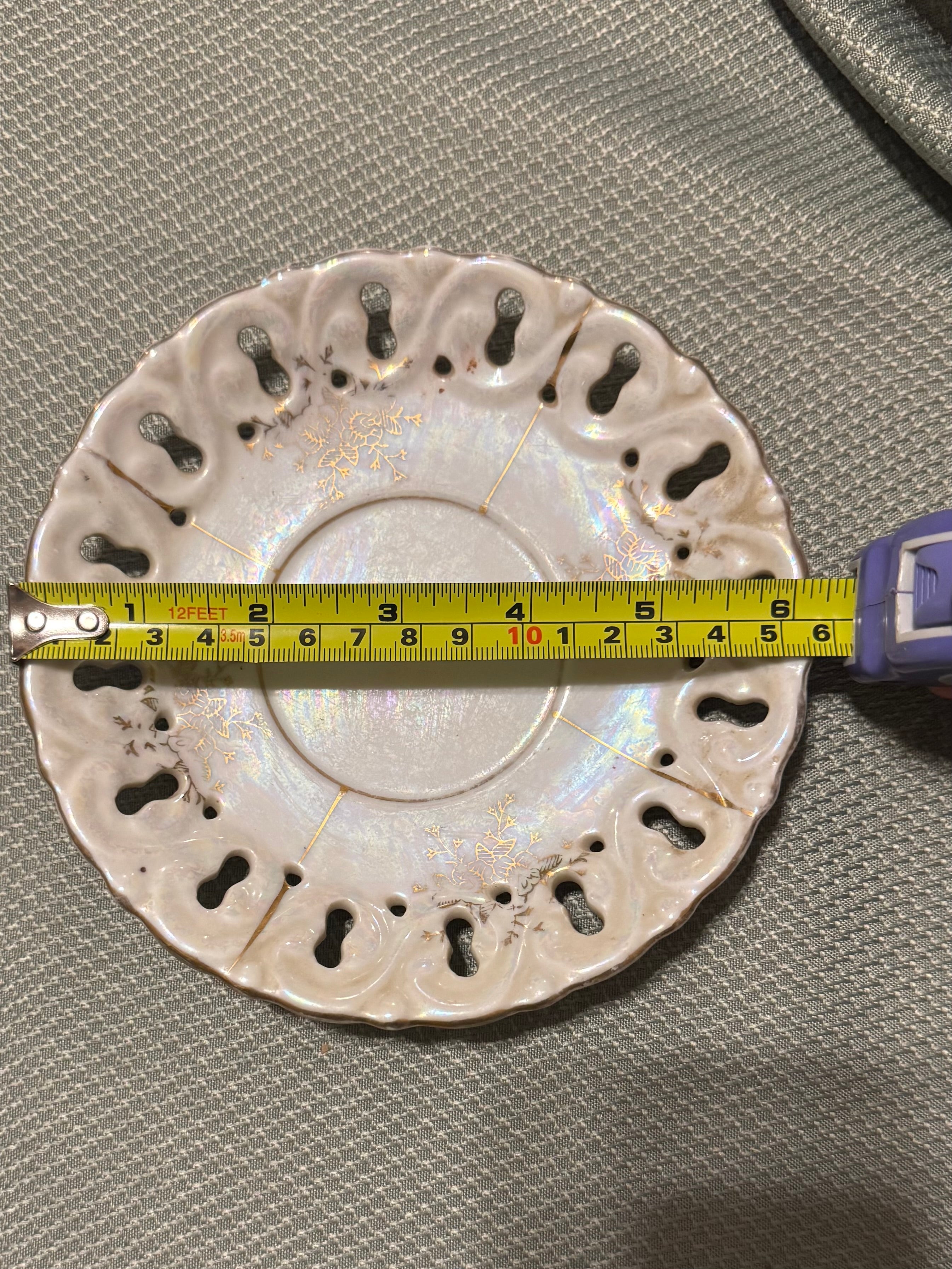 Antique Reticulated Porcelain Lusterware Saucer Gold Floral Pierced Rim