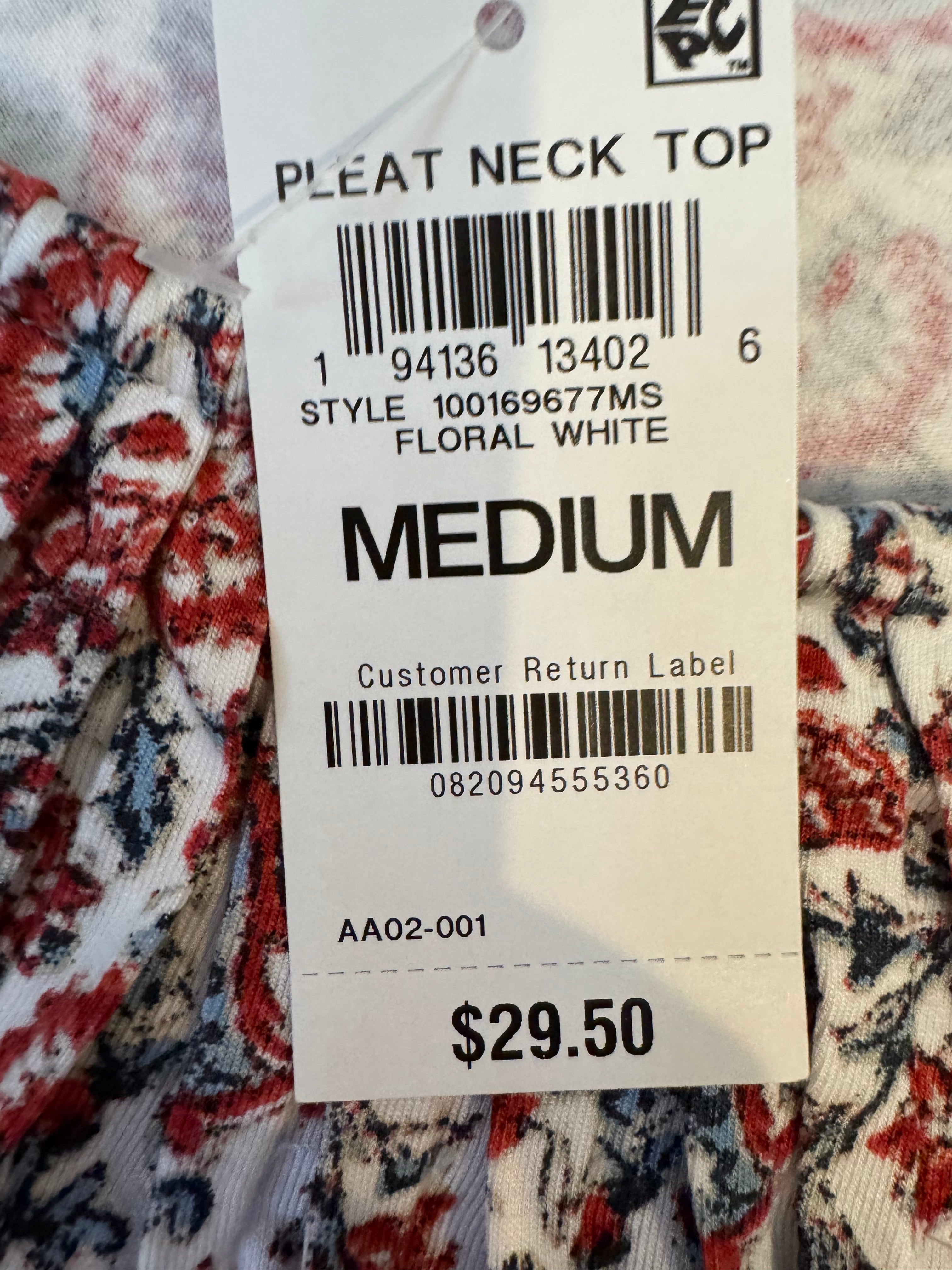 Style & Co Women’s Medium Floral Paisley Pleated Neck Short Sleeve Blouse Red Blue