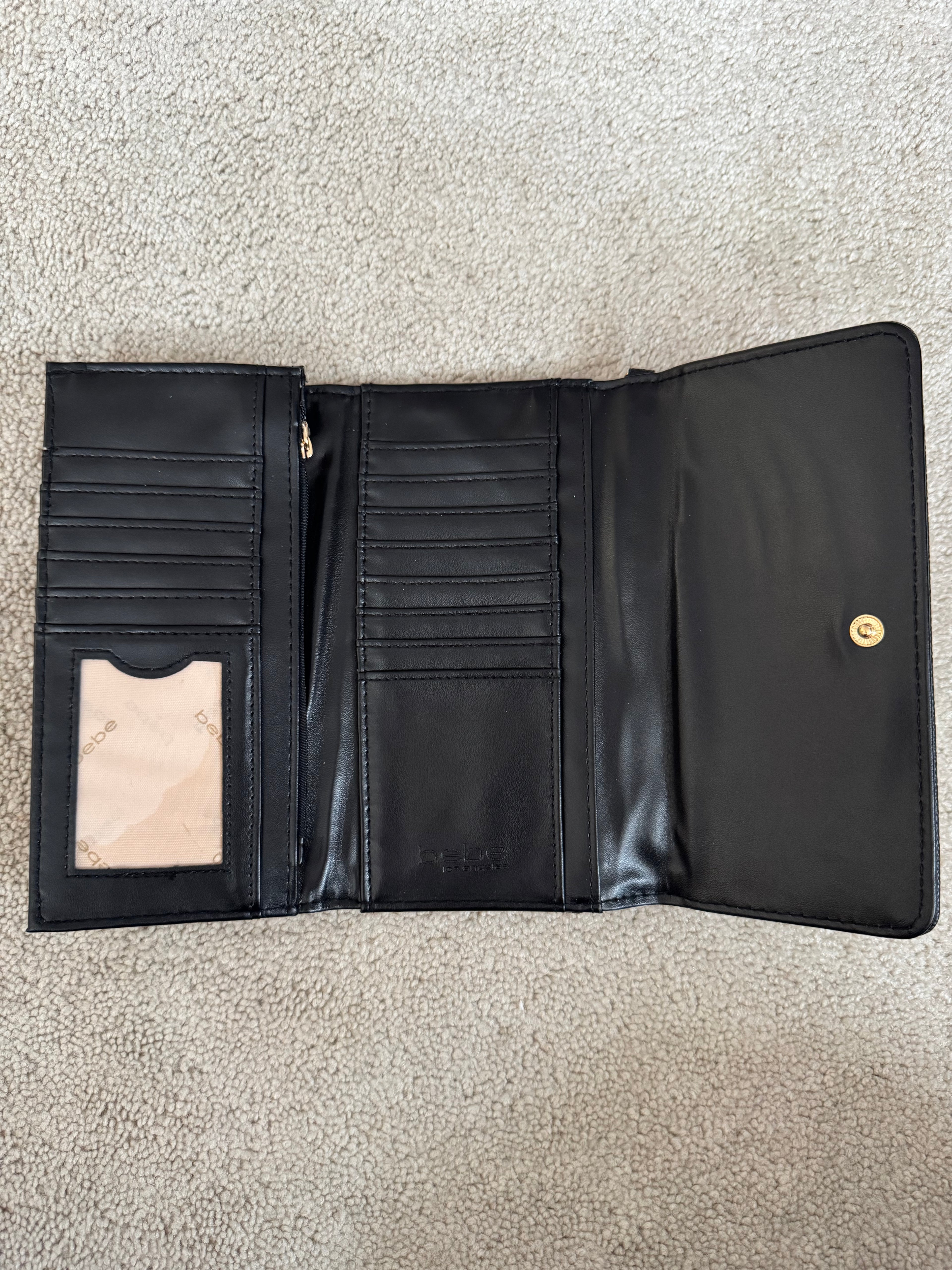 Bebe Black Foldover Wallet Clutch Gold Logo NWT $59 Retail