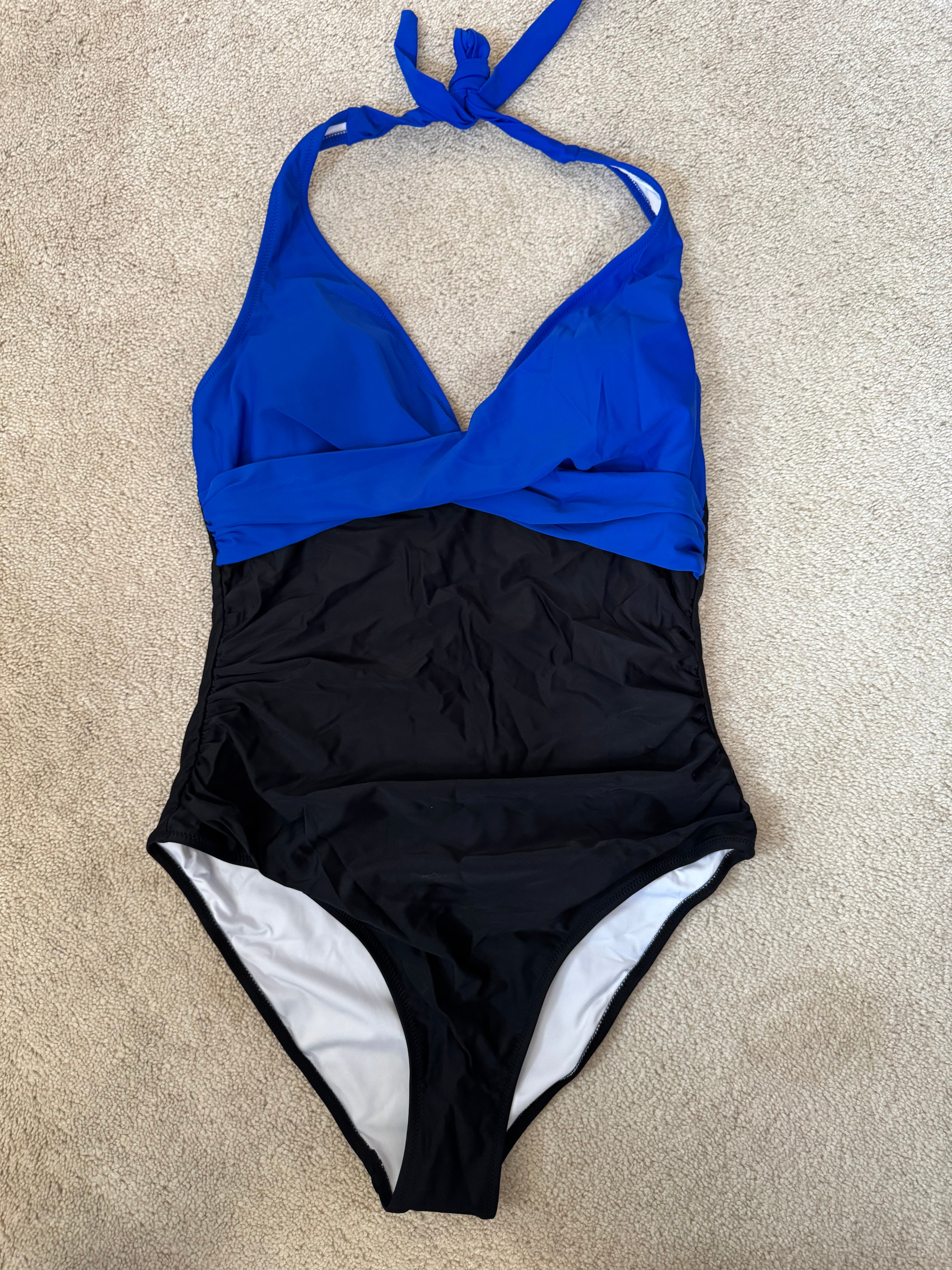 Womens Halter One Piece Swimsuit Size L Blue Black Colorblock Tummy Control Swimwear NWOT