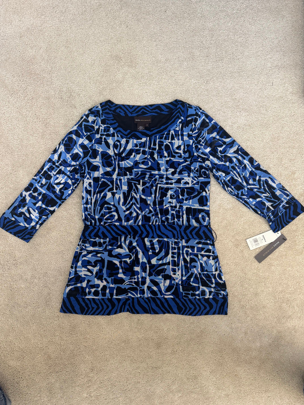 Dana Buchman Womens M Blue Black Graphic Statement Top Tie Waist NWT