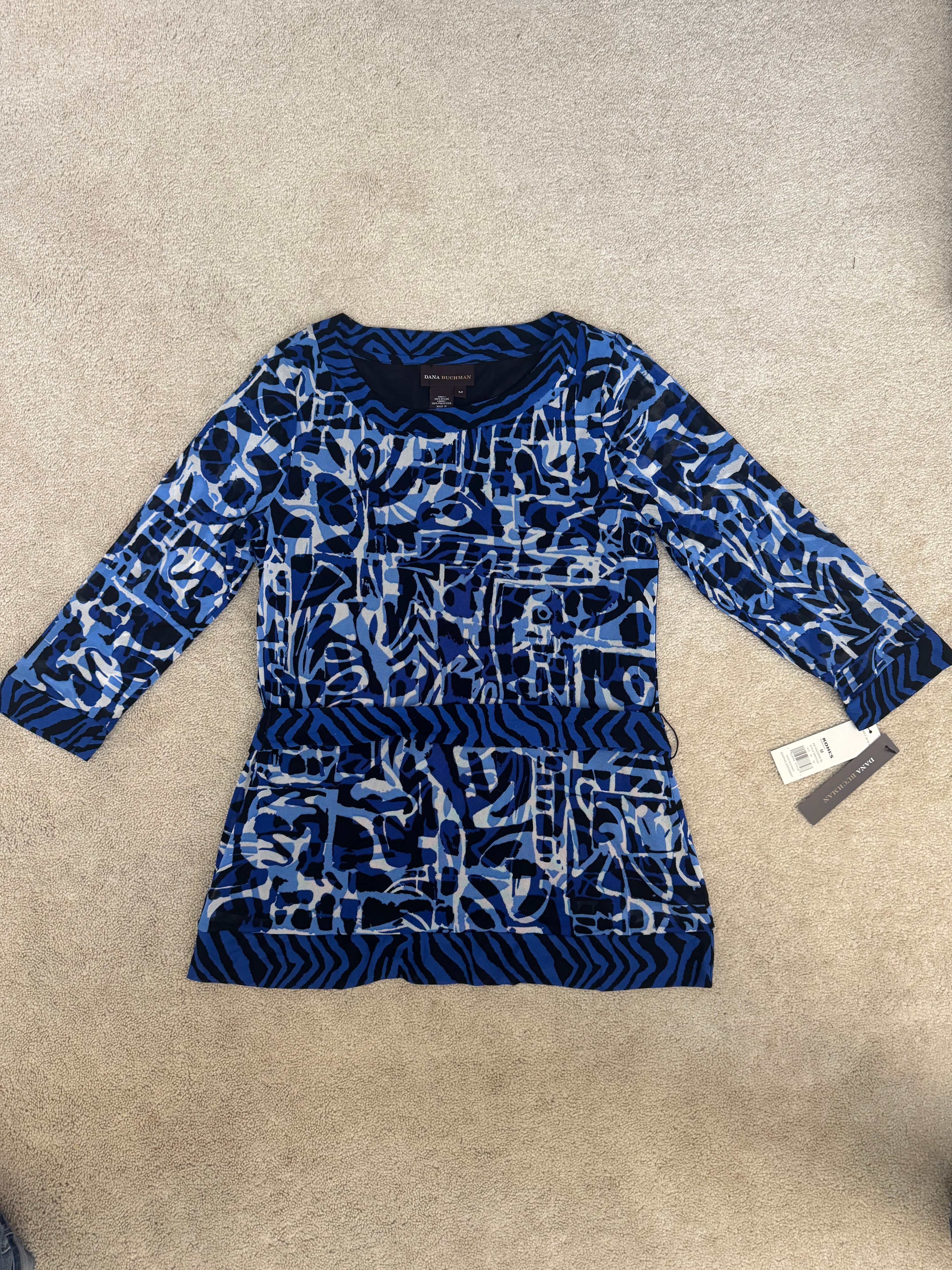 Dana Buchman Womens M Blue Black Graphic Statement Top Tie Waist NWT