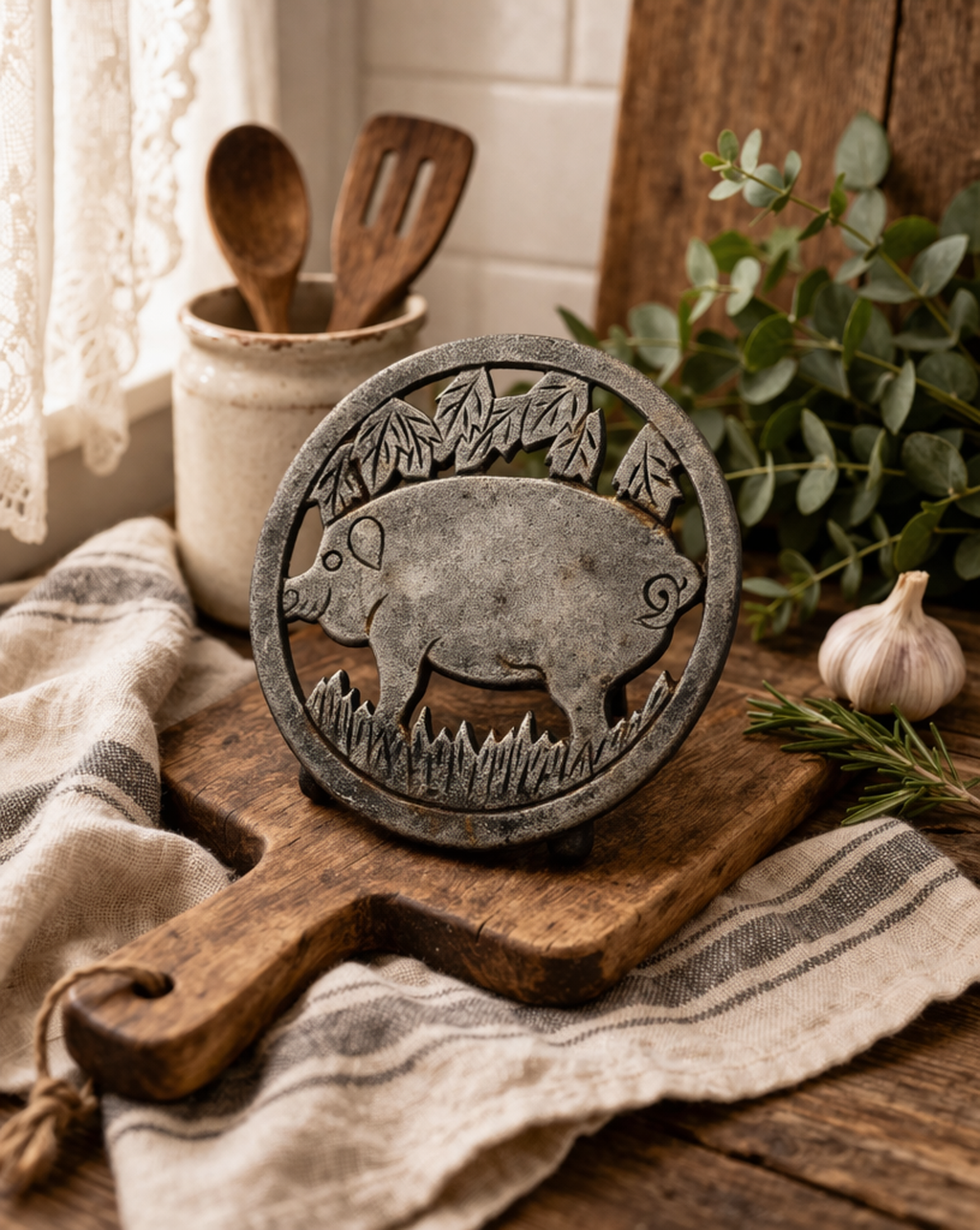 Cast Iron Pig Trivet Rustic Farmhouse Hot Plate Kitchen Decor 6”