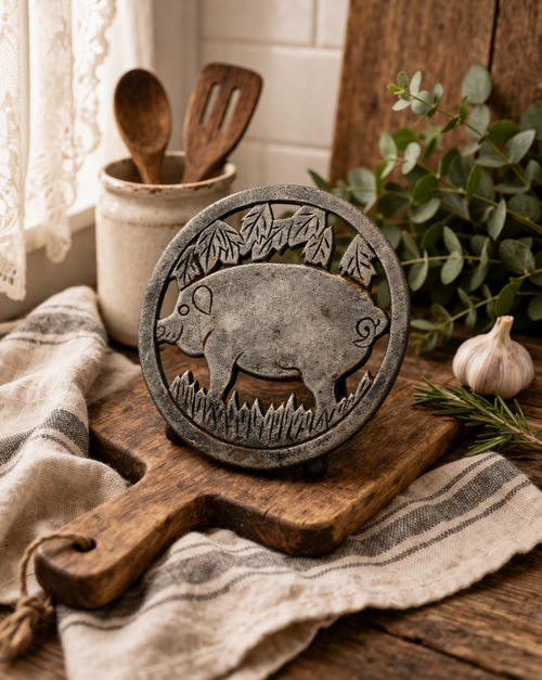 Cast Iron Pig Trivet Rustic Farmhouse Hot Plate Kitchen Decor 6”