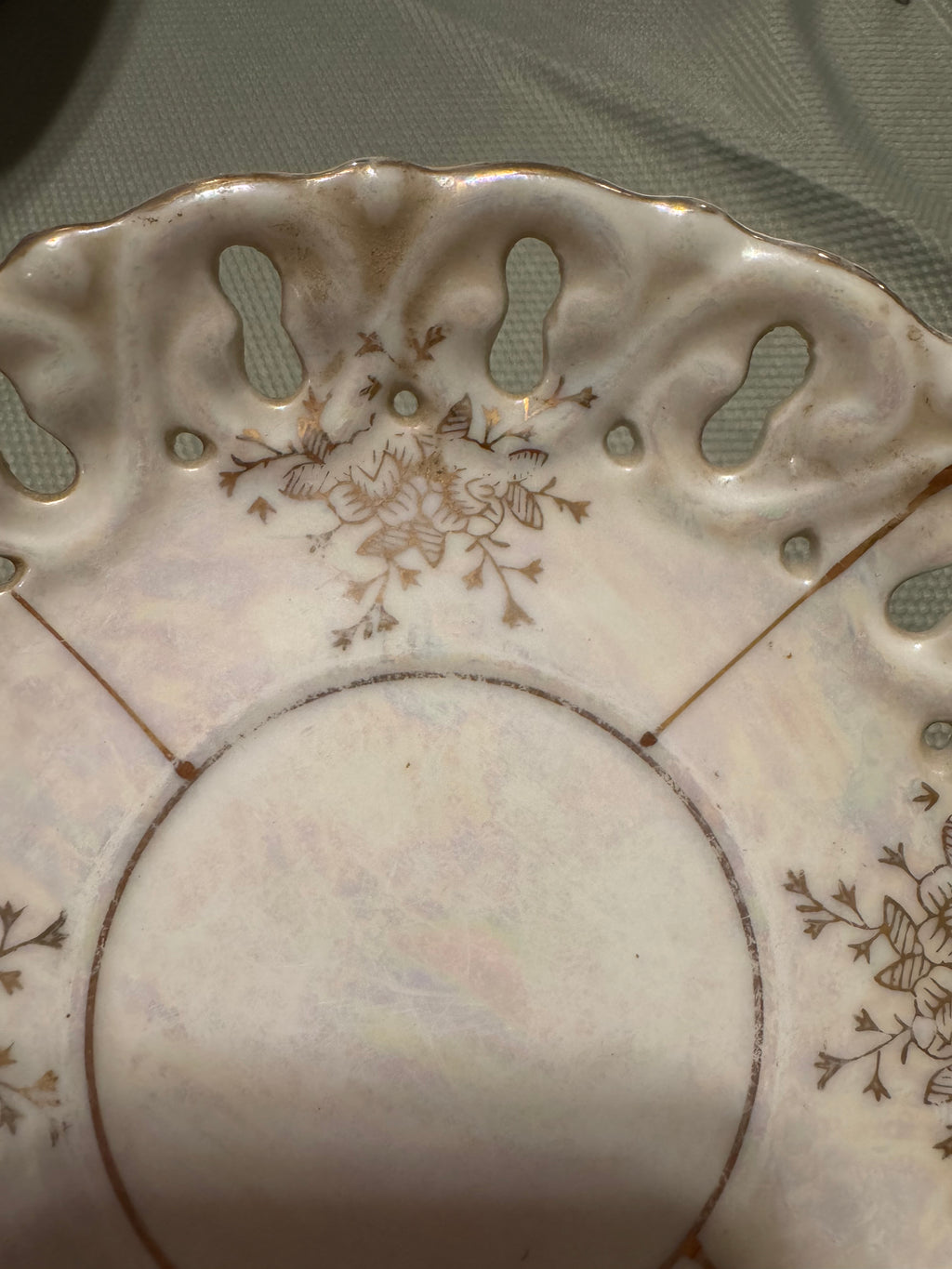 Antique Reticulated Porcelain Lusterware Saucer Gold Floral Pierced Rim