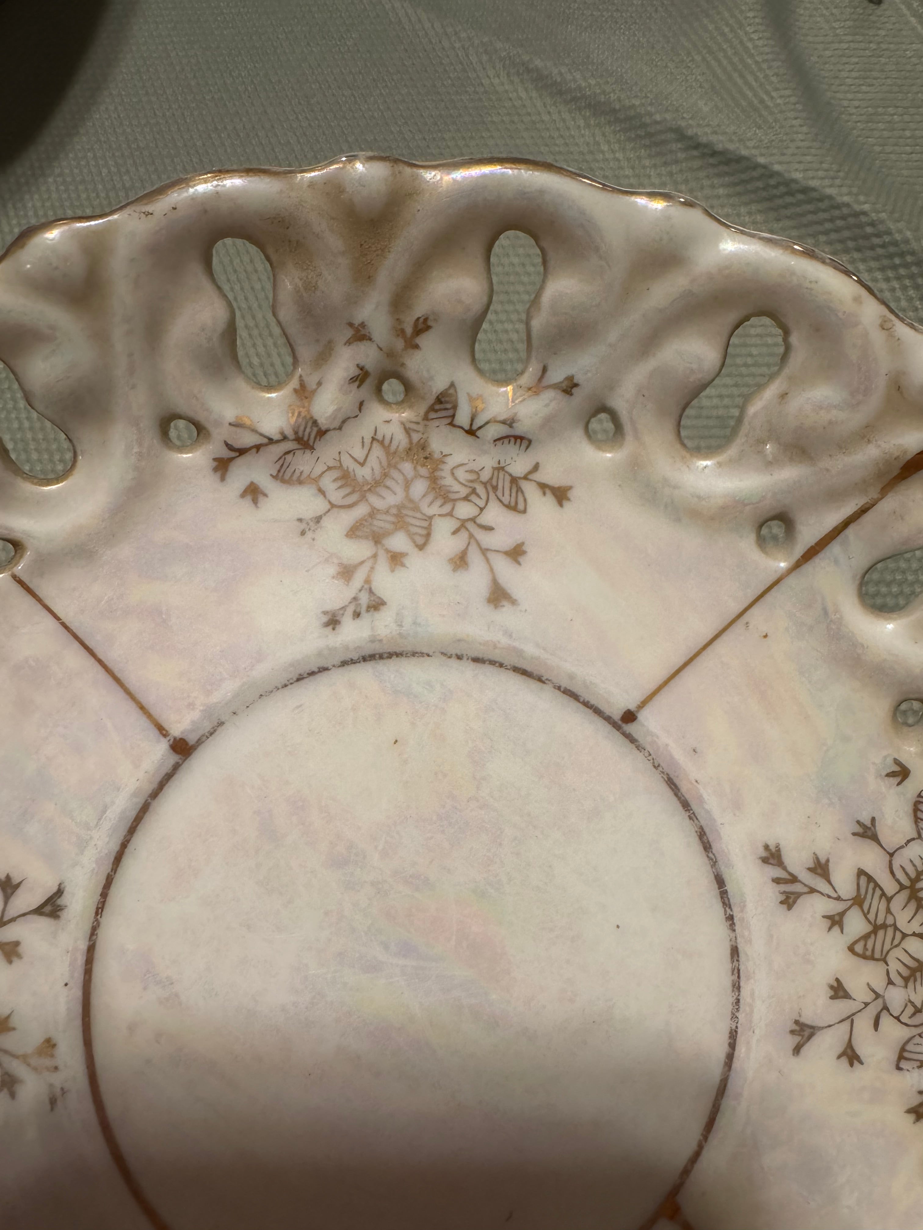 Antique Reticulated Porcelain Lusterware Saucer Gold Floral Pierced Rim