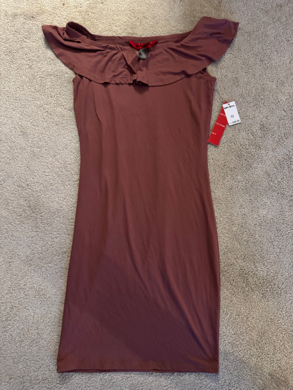 Hot Kiss Off Shoulder Ruffle Dress Women’s Medium Dusty Rose Brown Bodycon Stretch NWT