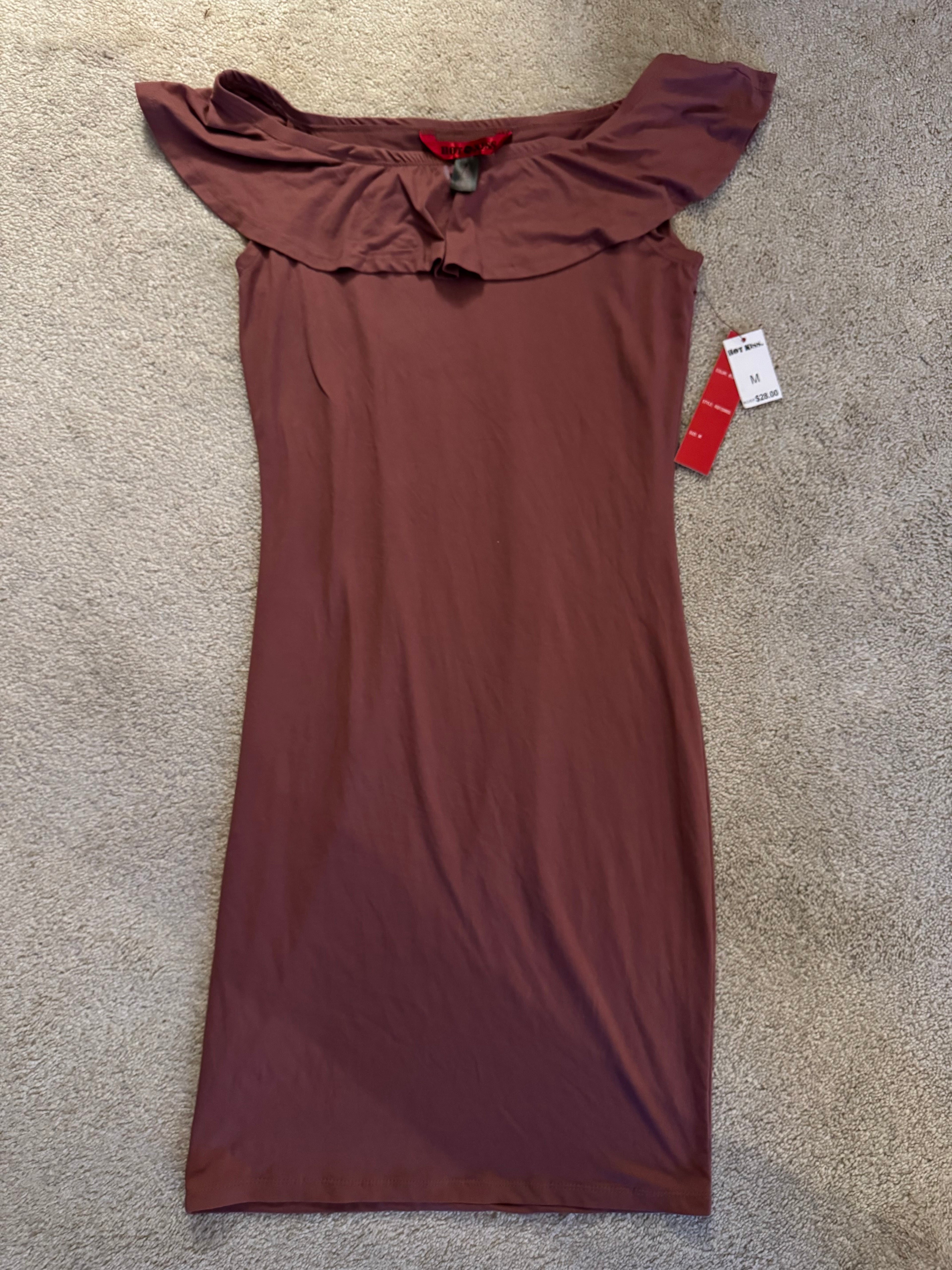 Hot Kiss Off Shoulder Ruffle Dress Women’s Medium Dusty Rose Brown Bodycon Stretch NWT