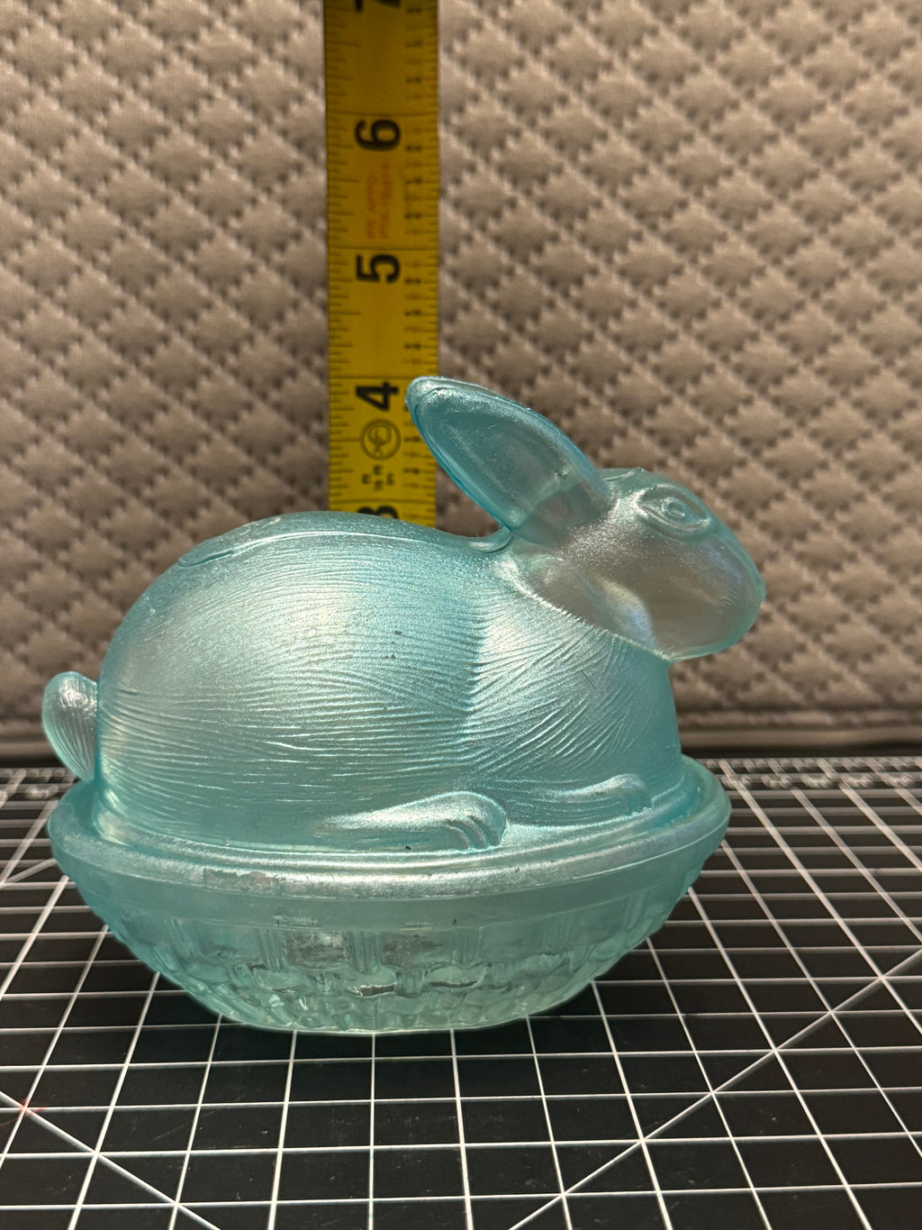 Aqua Glass Bunny on Nest Covered Dish Easter Rabbit Candy Dish Vintage Style