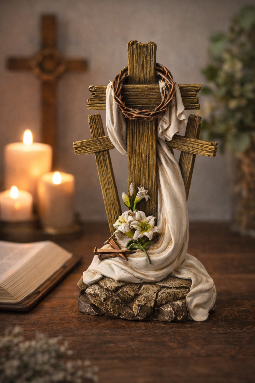 Easter Cross Figurine Crown of Thorns Religious Decor Tabletop Christian
