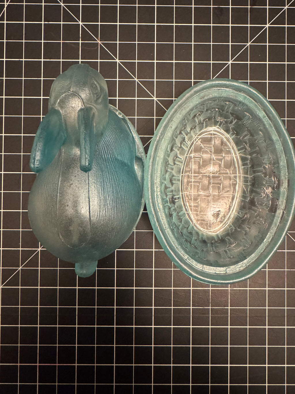 Aqua Glass Bunny on Nest Covered Dish Easter Rabbit Candy Dish Vintage Style