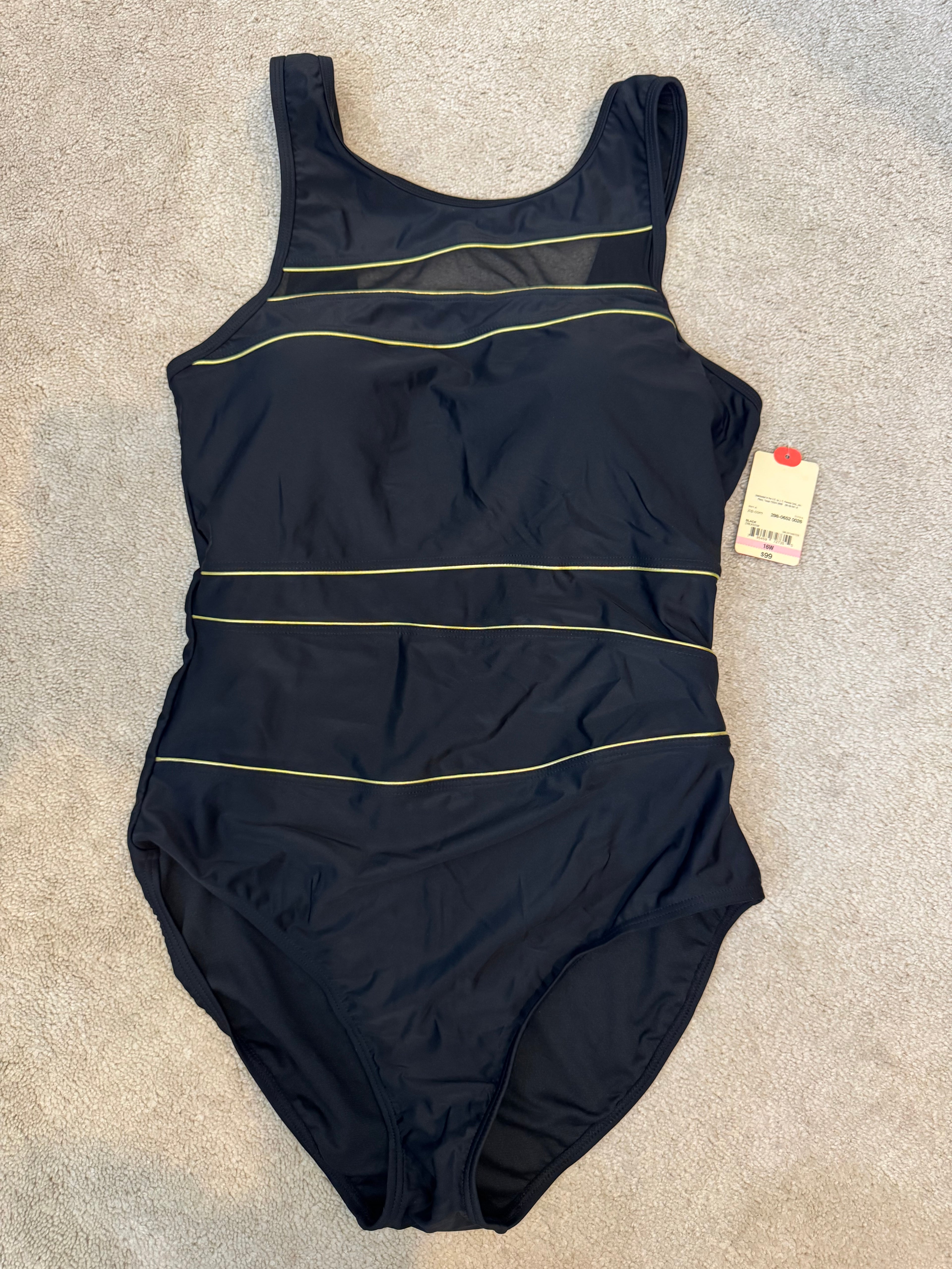 St Johns Bay 16W One Piece Swimsuit Black Tummy Control Plus Size NWT