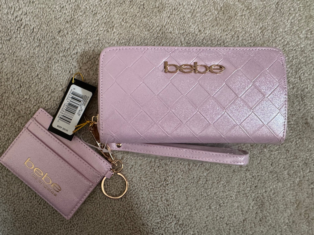 Bebe Pink Metallic Quilted Wristlet Wallet & Card Holder Set NWT $59