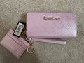 Bebe Pink Metallic Quilted Wristlet Wallet & Card Holder Set NWT $59