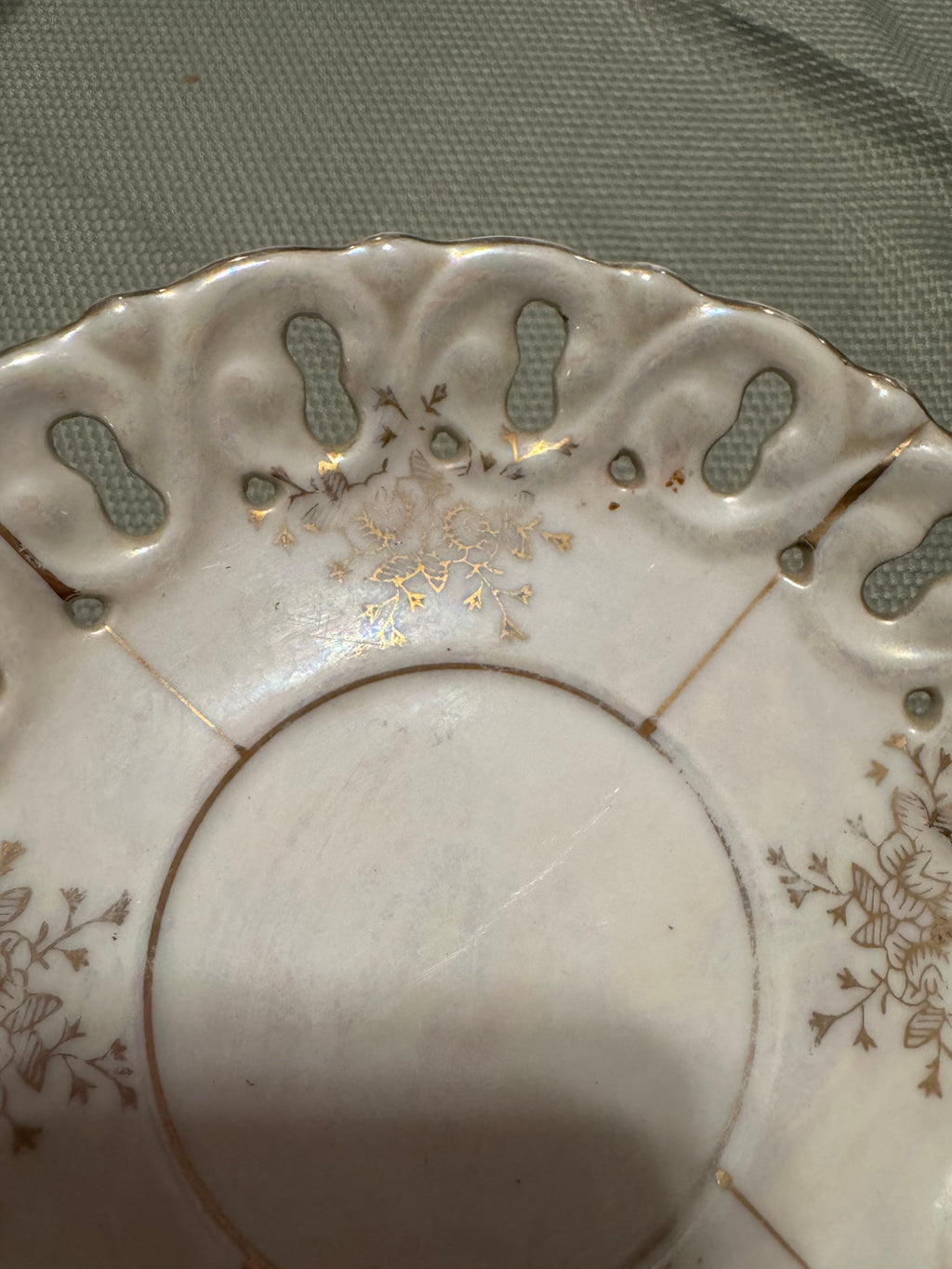 Antique Reticulated Porcelain Lusterware Saucer Gold Floral Pierced Rim