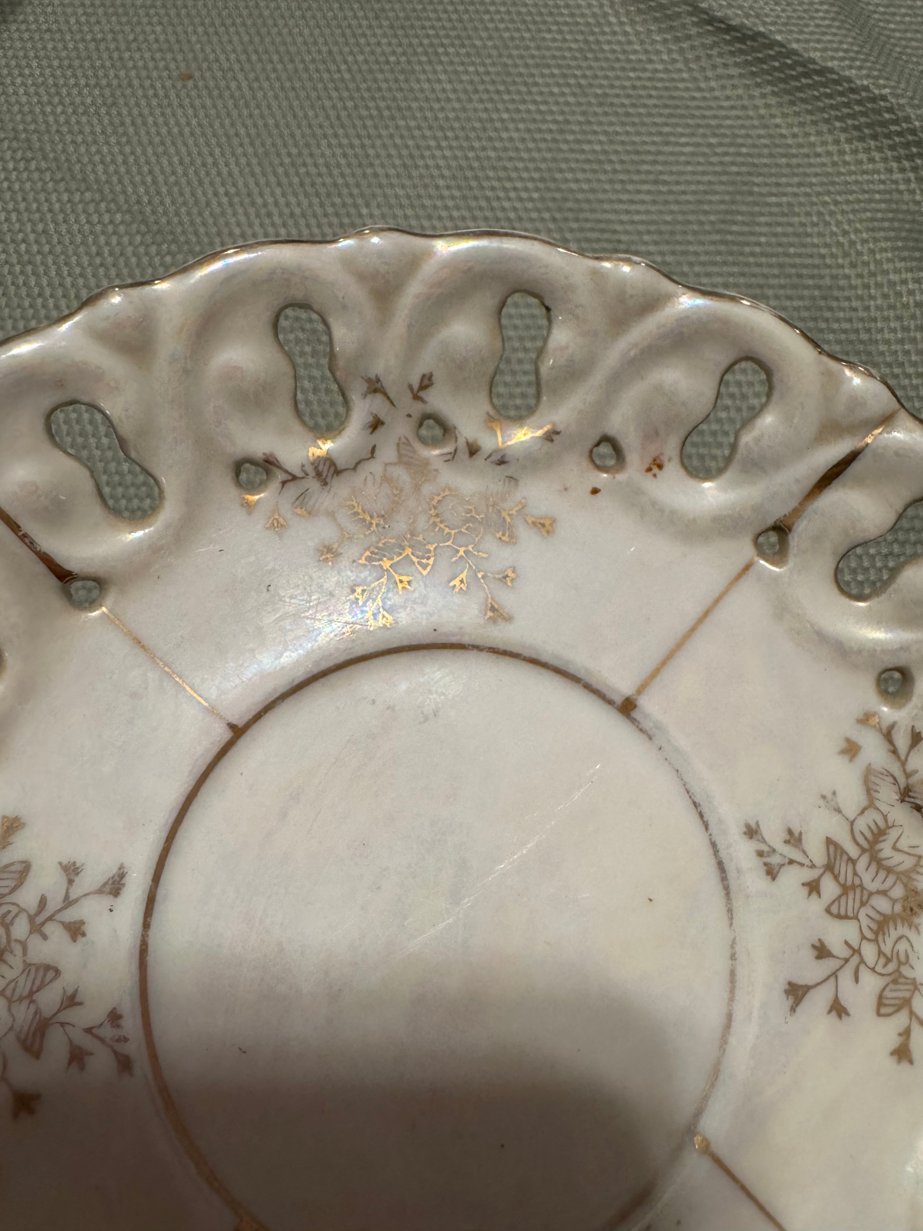 Antique Reticulated Porcelain Lusterware Saucer Gold Floral Pierced Rim