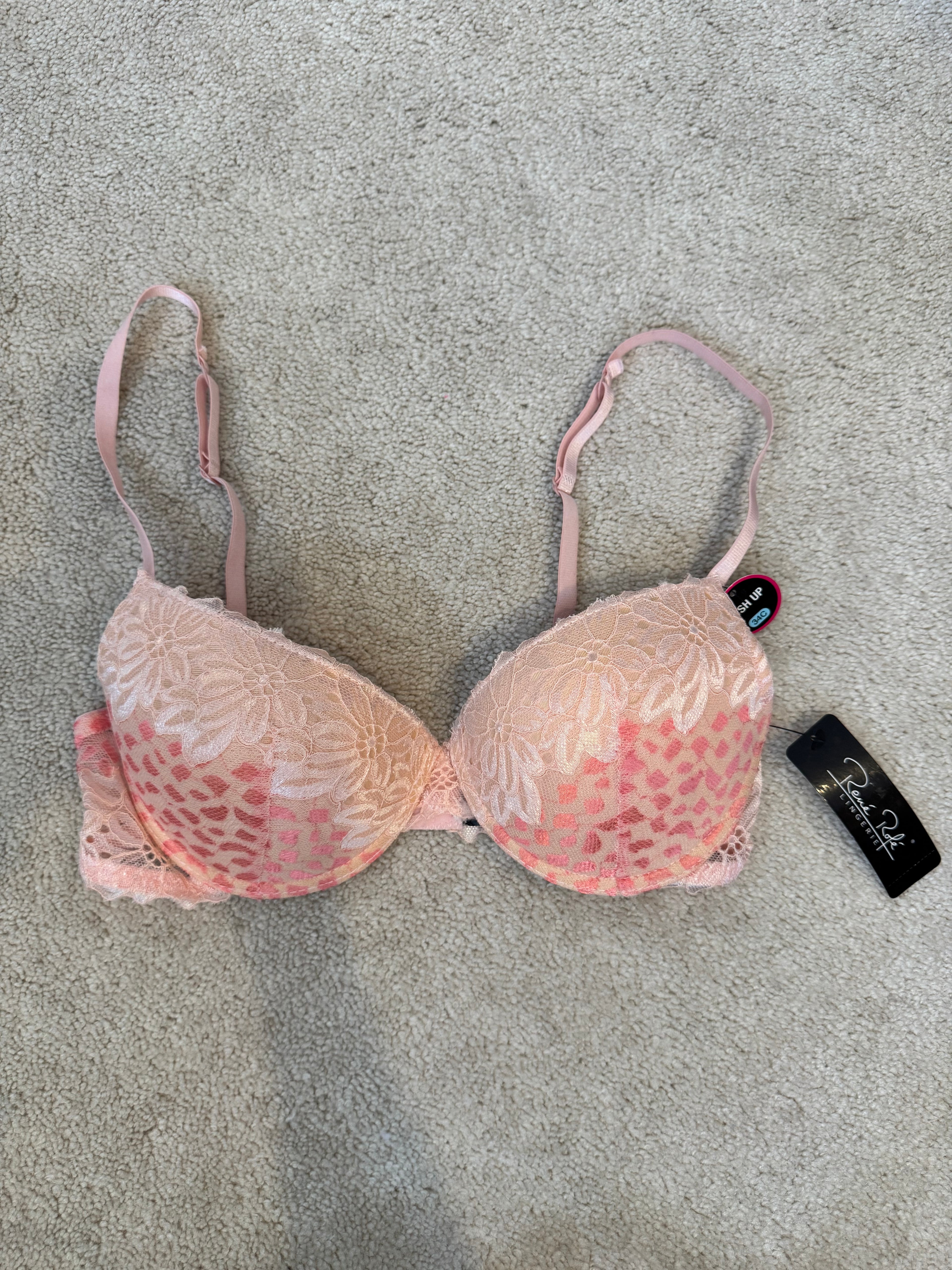 René Rofé 34C Push Up Bra Pink Lace Underwire Padded Floral Lingerie NWT