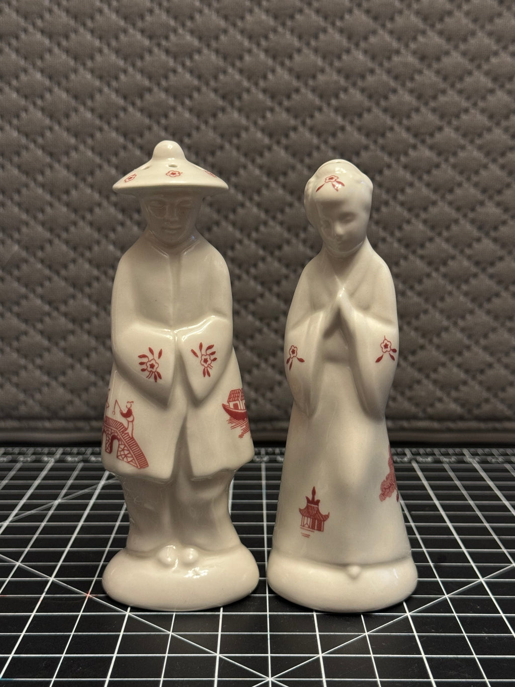 Vintage Asian Figural Salt Pepper Shakers Man Woman Japan Style Red Transfer
