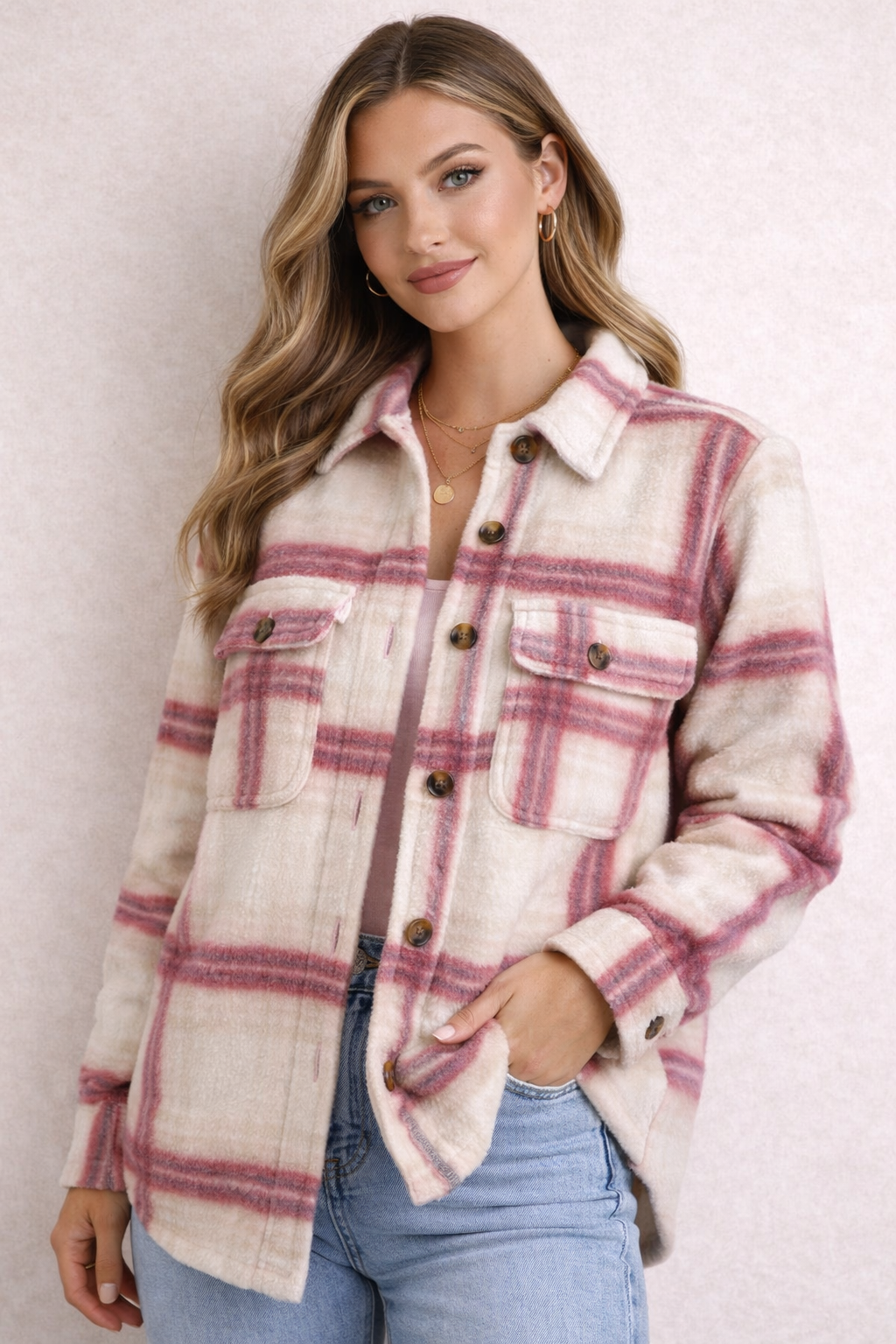 Ultra Flirt Pink Cream Plaid Fleece Shacket Women’s XS Button Front Jacket NWT