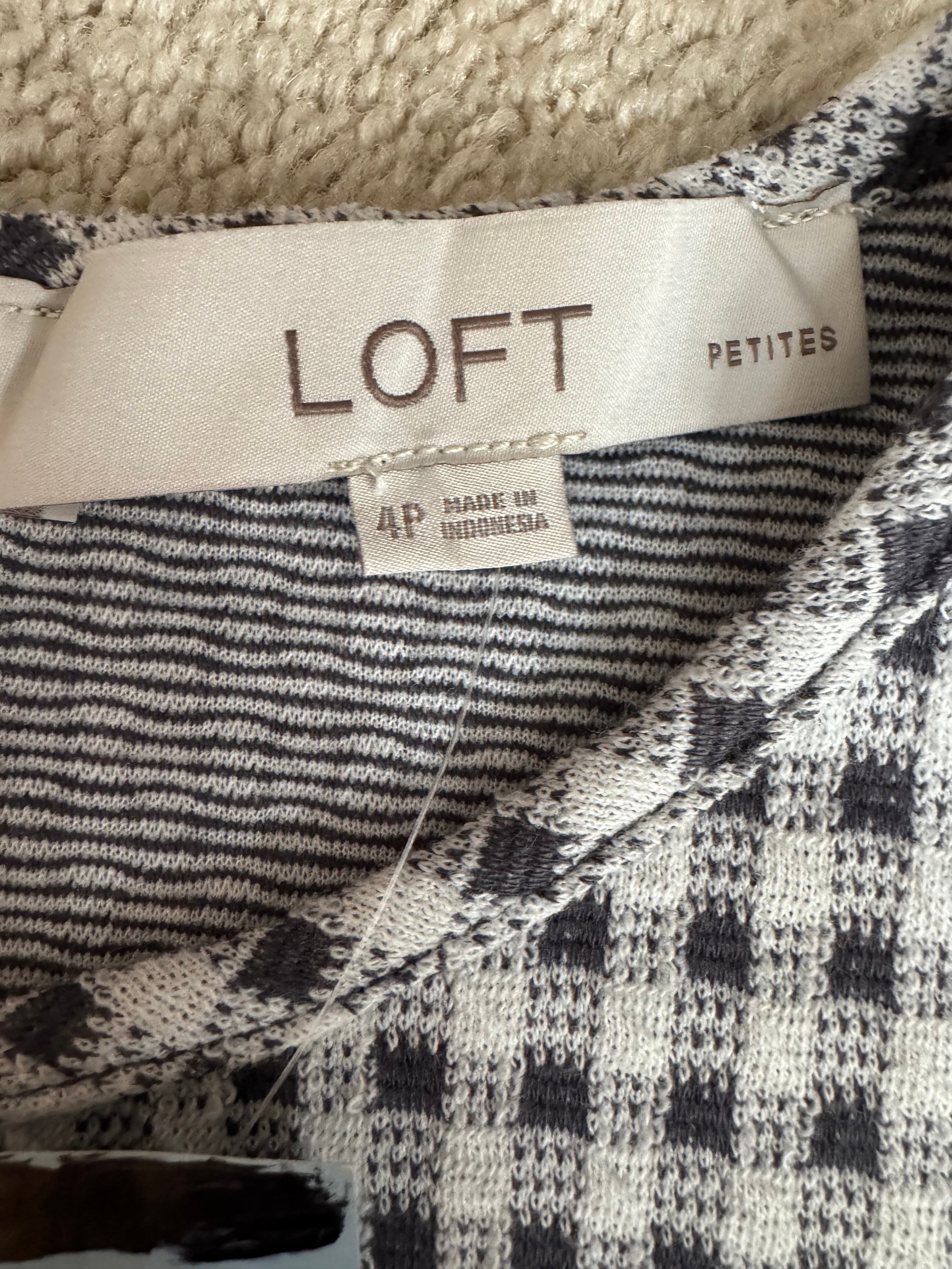 LOFT Petite 4P Black White Gingham Puff Sleeve Dress NWT