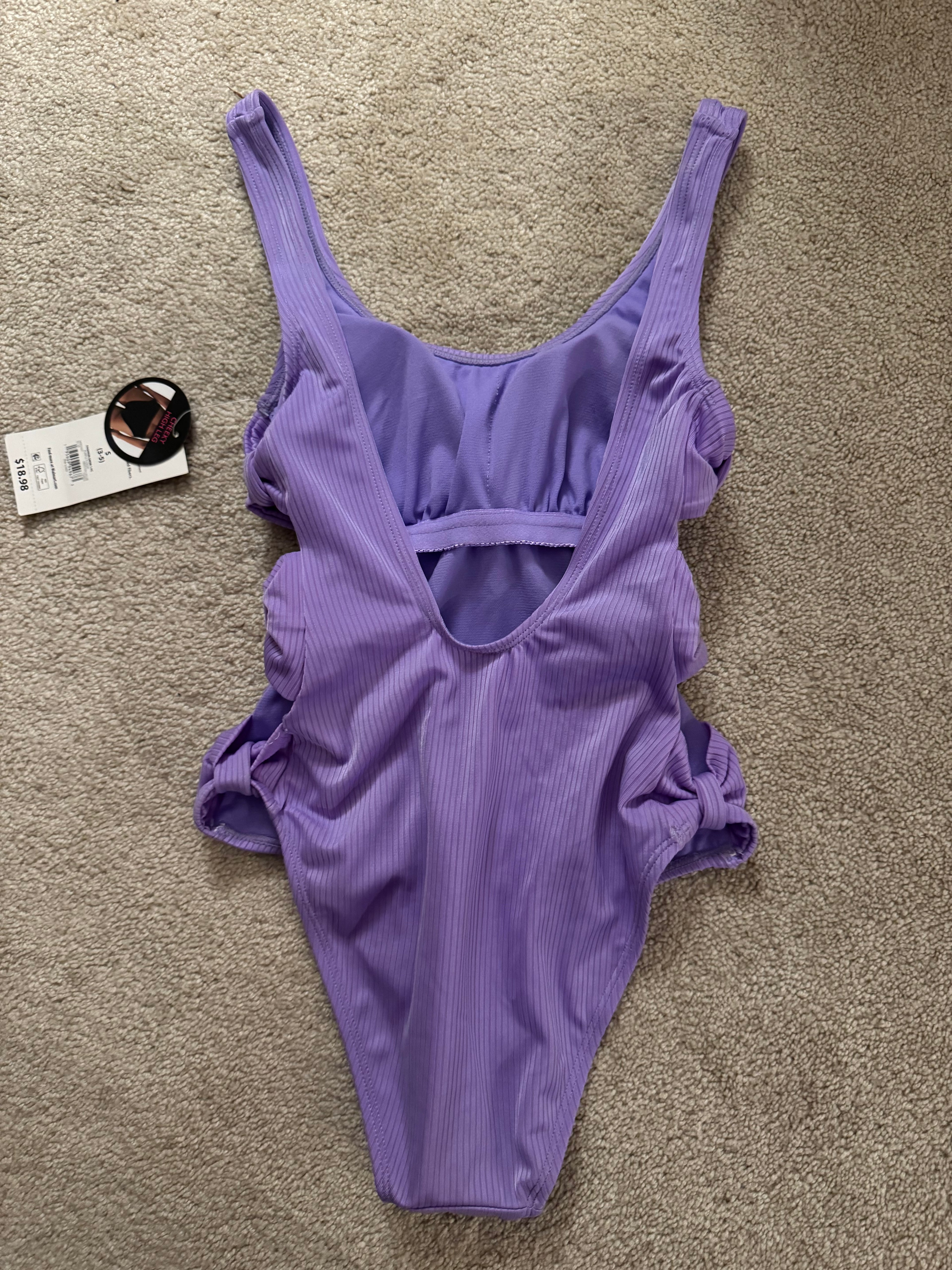 No Boundaries Lavender Ribbed Cutout One Piece Swimsuit S NWT
