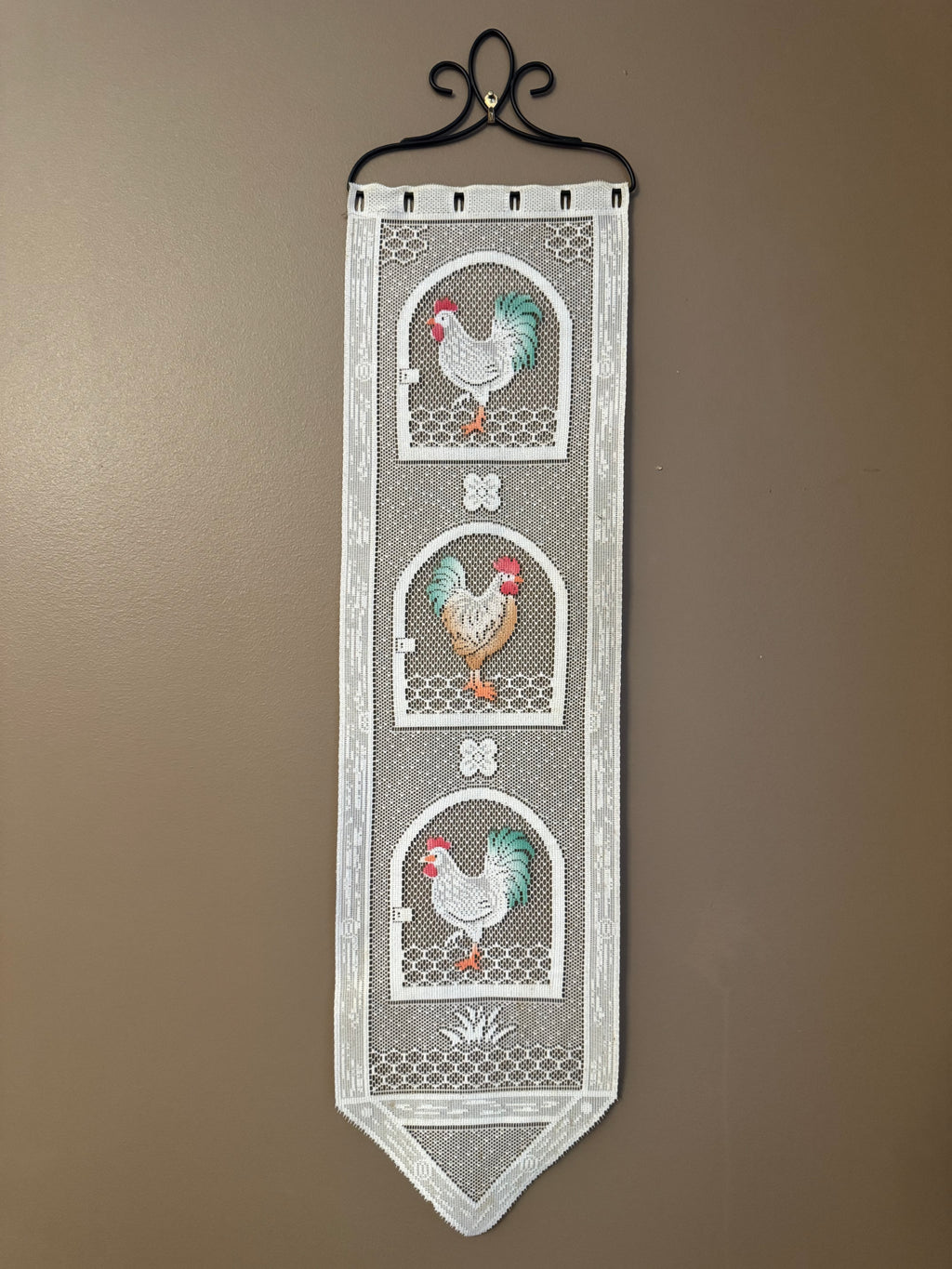 Vintage Lace Rooster Curtain Wall Hanging Farmhouse Kitchen Decor Country Panel