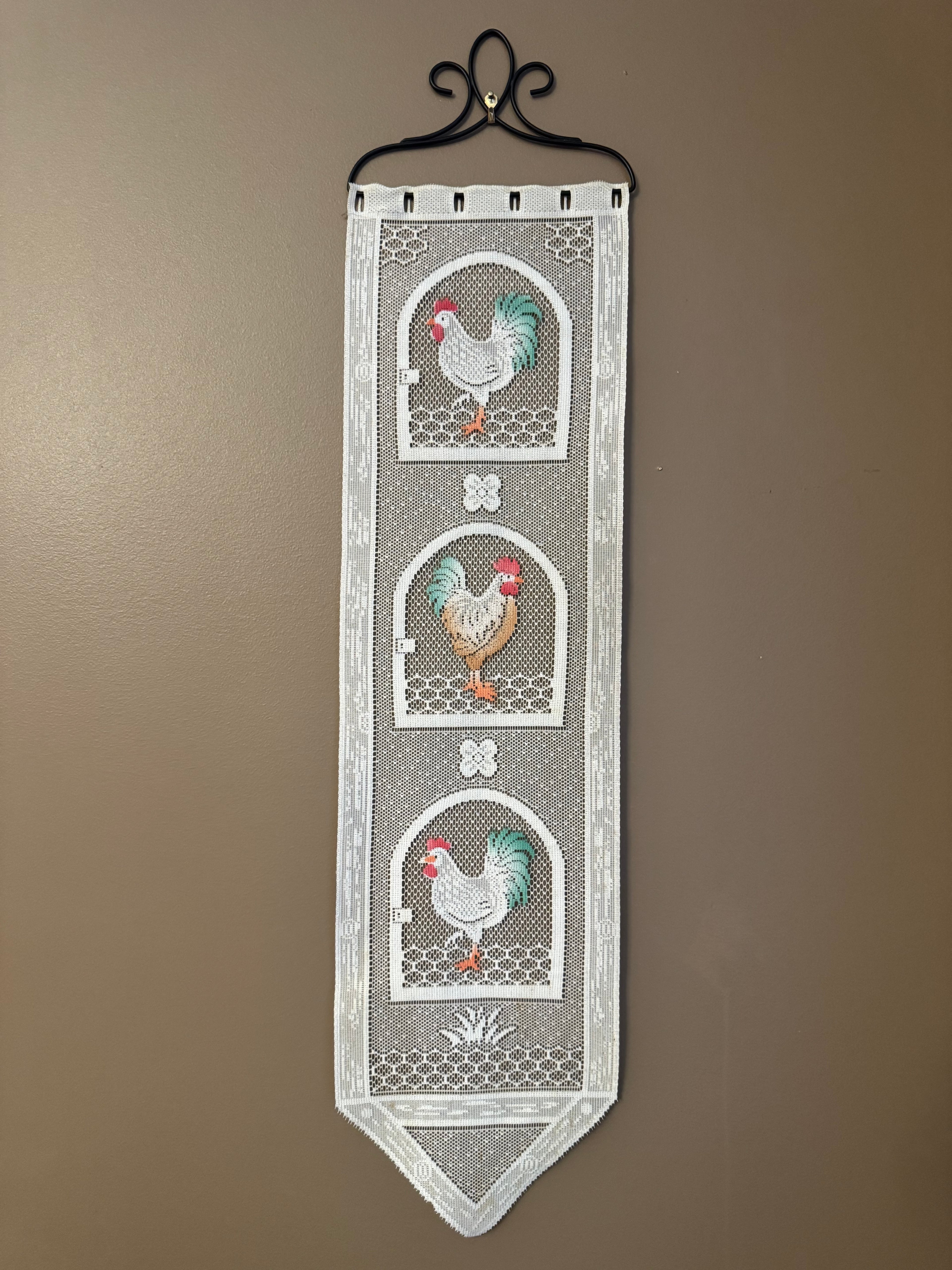 Vintage Lace Rooster Curtain Wall Hanging Farmhouse Kitchen Decor Country Panel