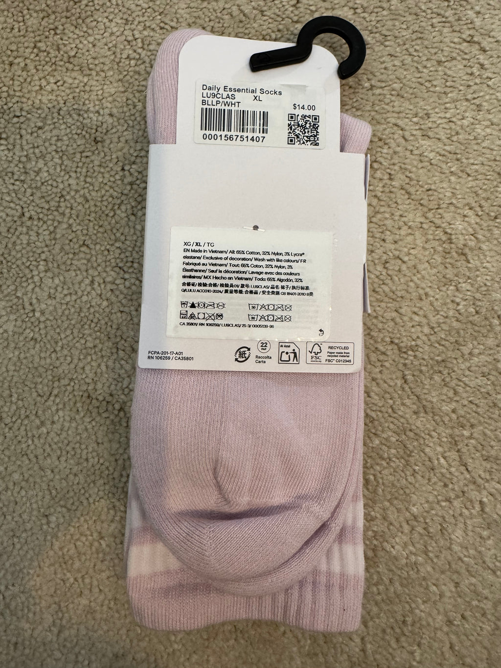 Lululemon Daily Essential Crew Socks XL Unisex Pink NWT