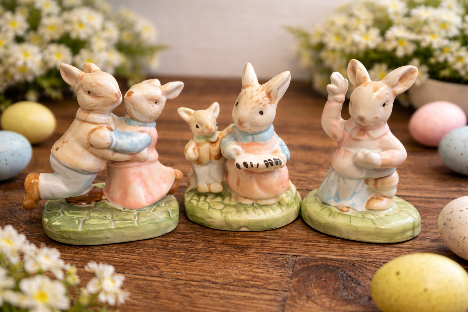 Vintage Style Bunny Figurines Set of 3 Ceramic Rabbits Spring Easter Decor