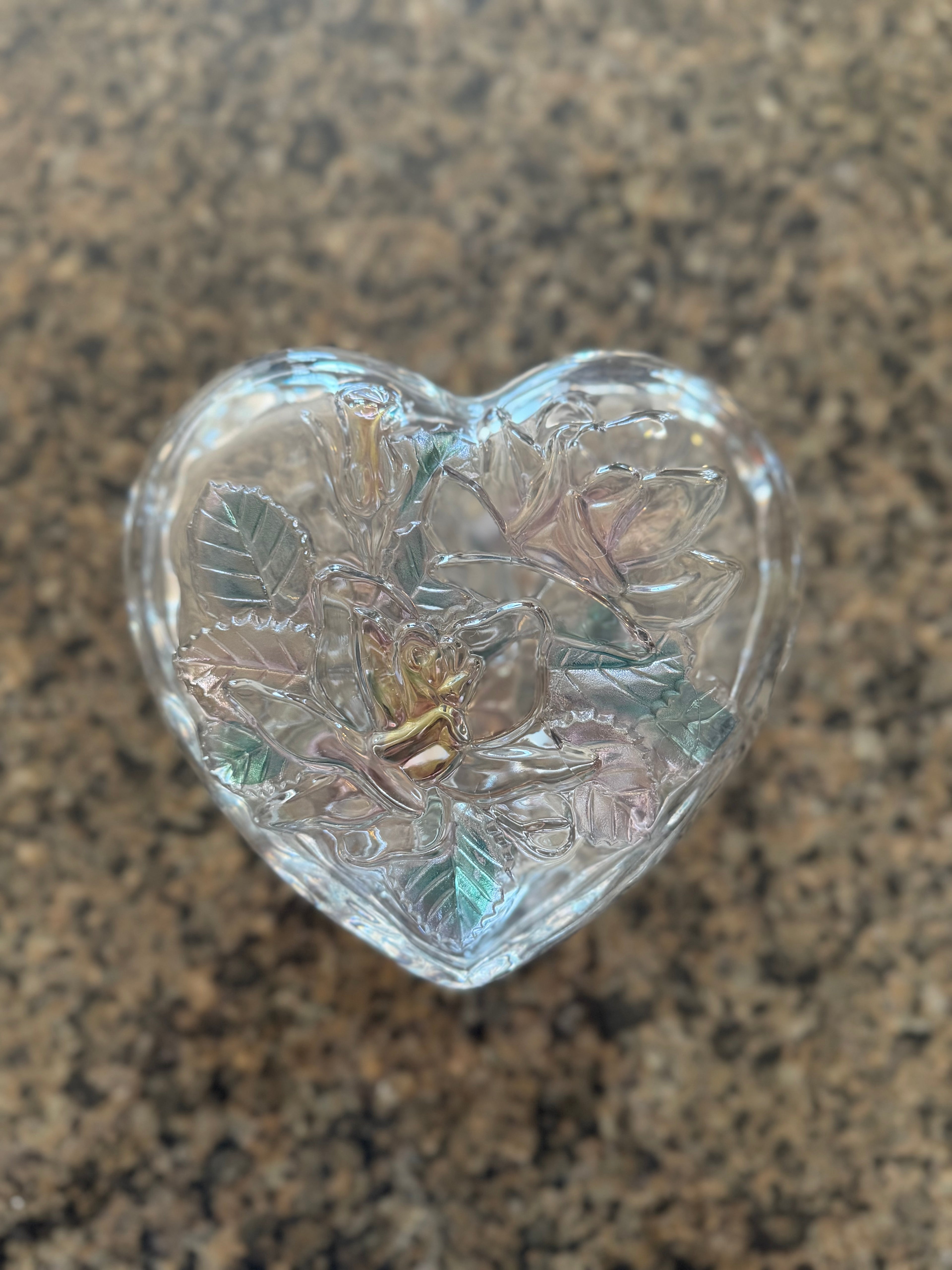 Vintage Home Beautiful Japan Heart Shaped Glass Trinket Box Floral Lid