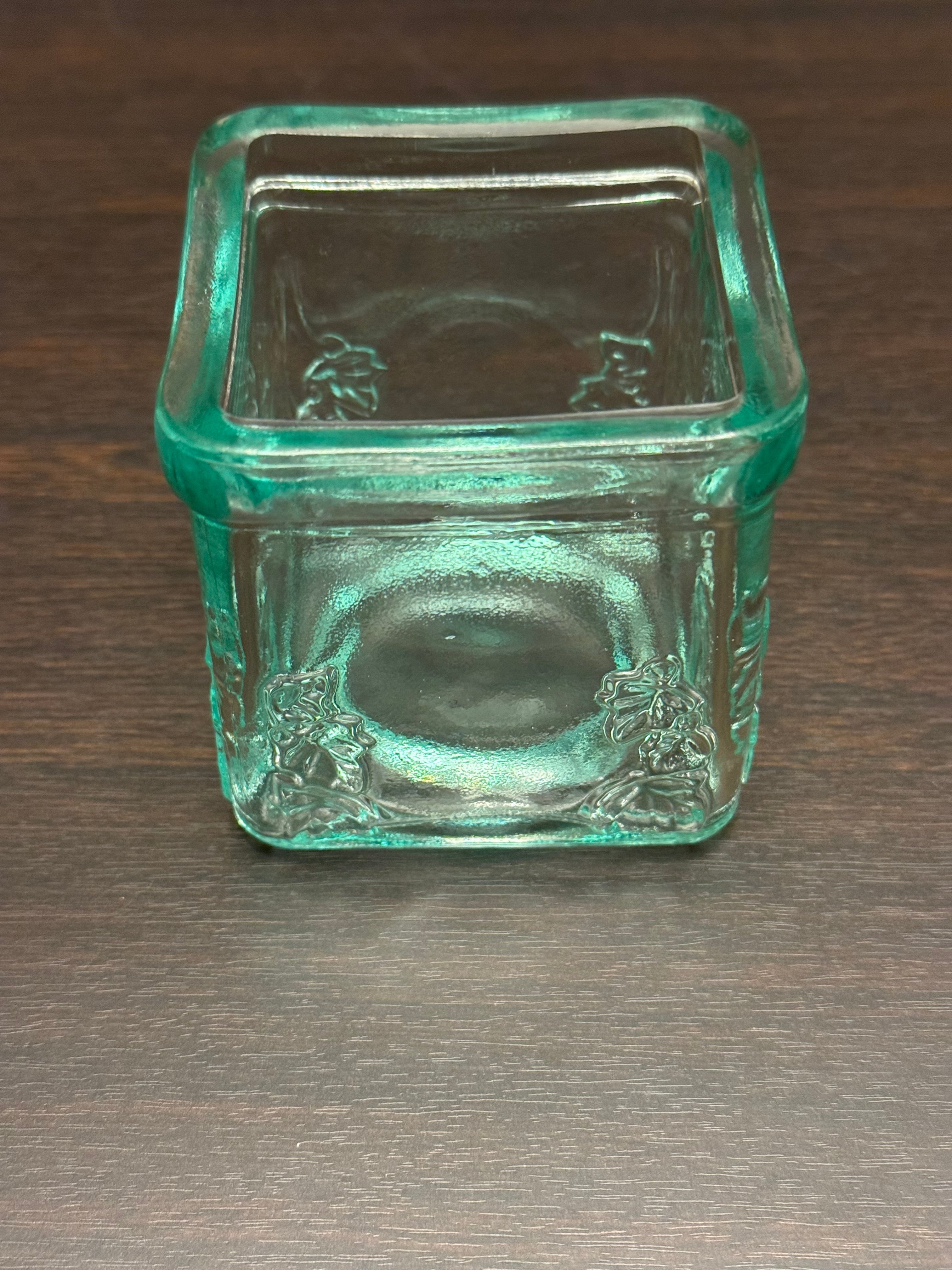 Vintage Aqua Glass Tealight Holder Set Blue Green Square Votive