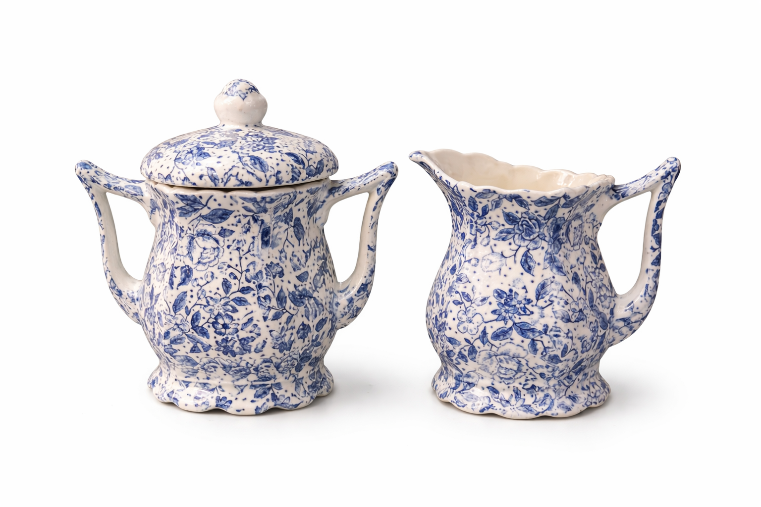 Blue White Floral Creamer Sugar Bowl Set Vintage Style Ceramic Tea Set